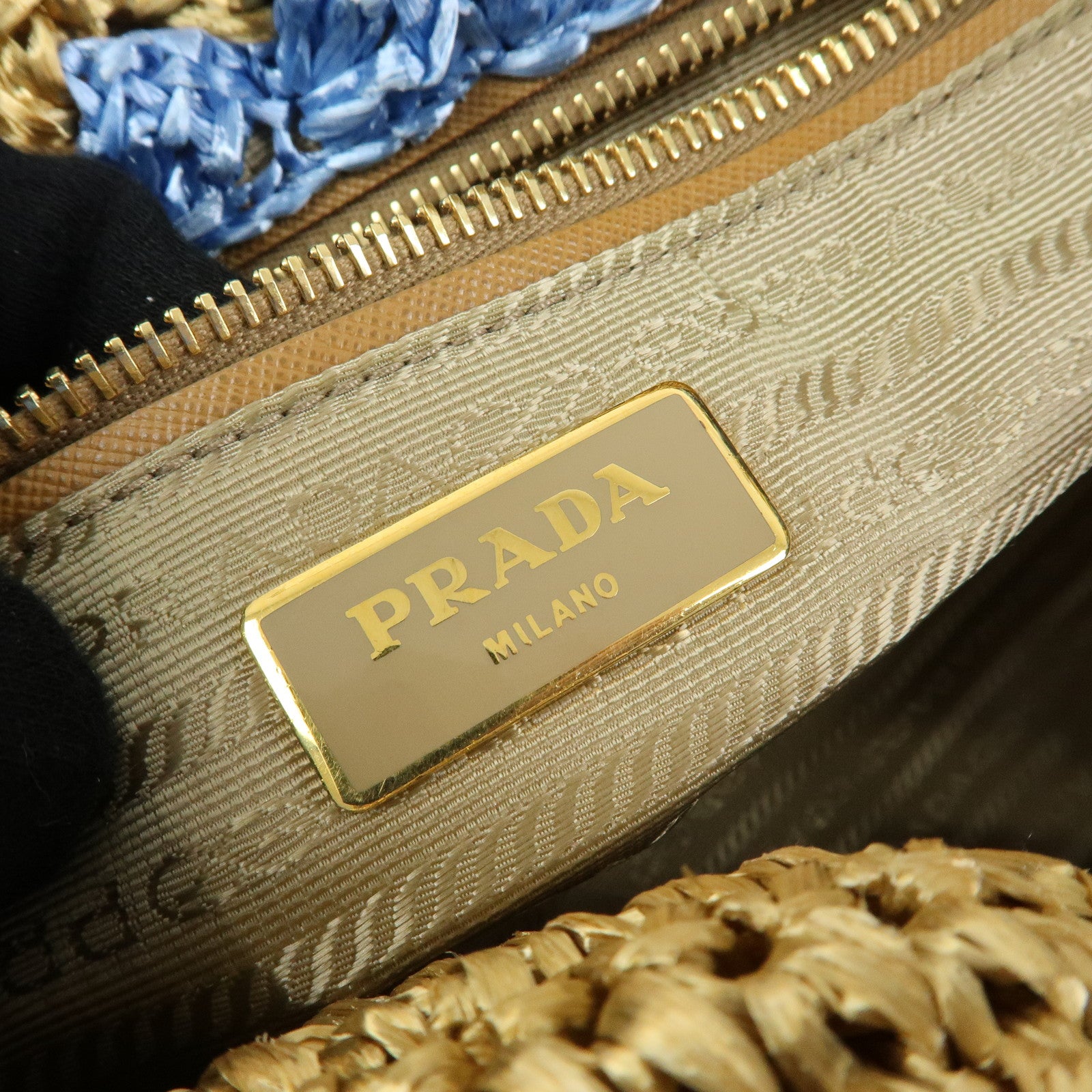 PRADA Triangle Logo Canapa Raffia Tote Bag Hand Bag Beige Blue