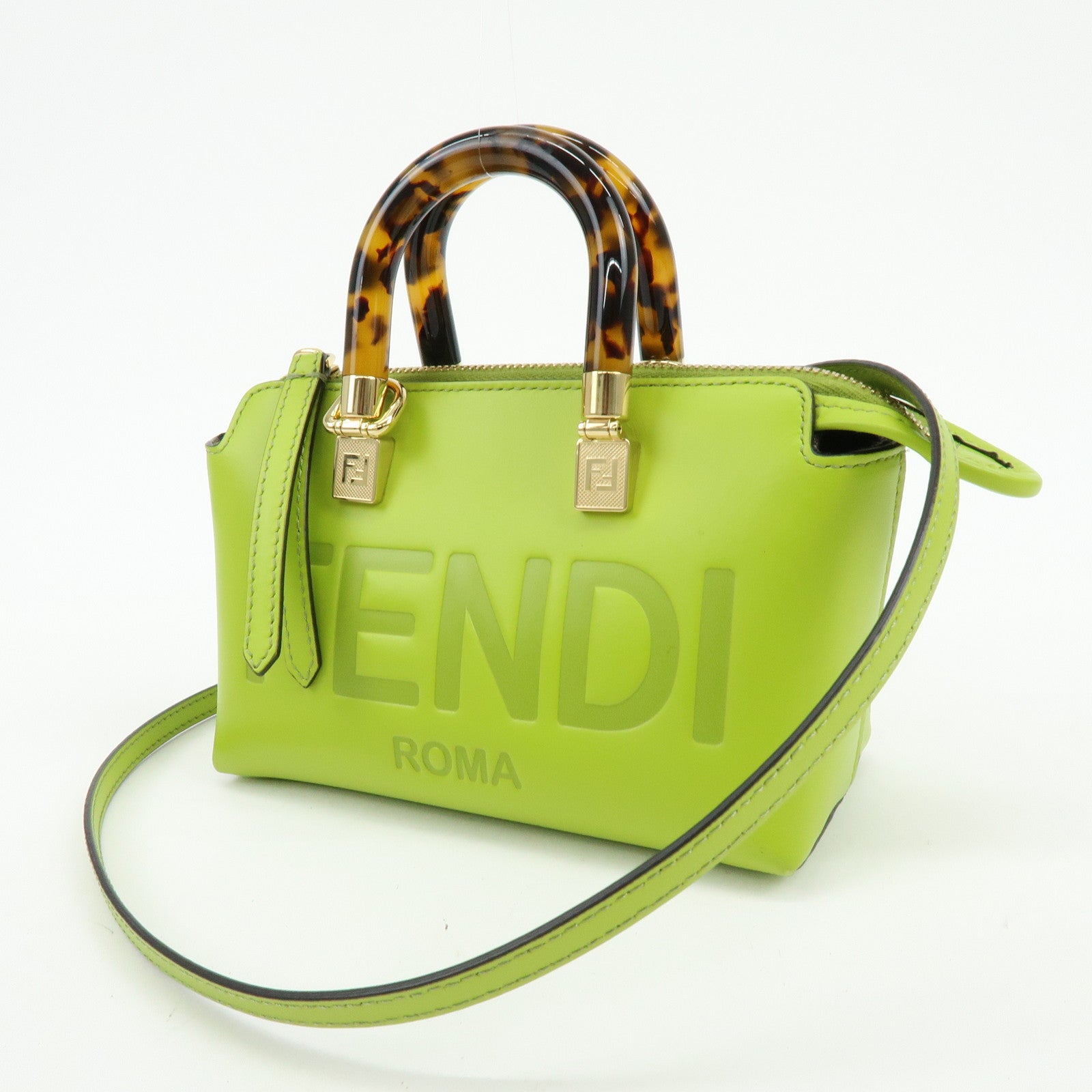 FENDI By the Way Leather 2Way Bag Mini Hand Bag Lime Green 8BS067