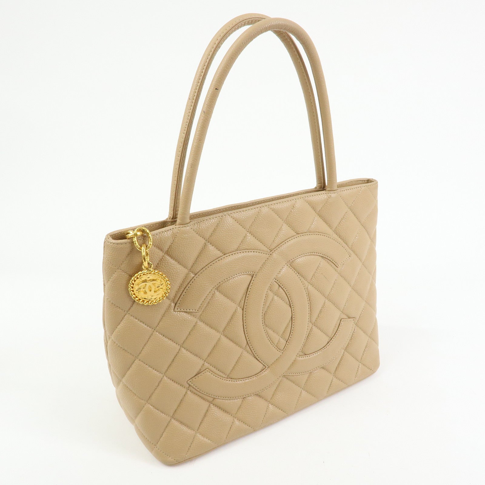 CHANEL Medallion Matelasse COCO Mark Caviarskin Tote Bag Beige A01804