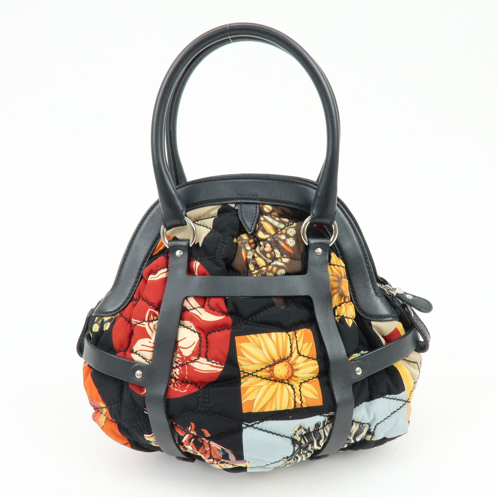 Ferragamo Nylon Quilting Leather Hand Bag Animalier Black Multicolor