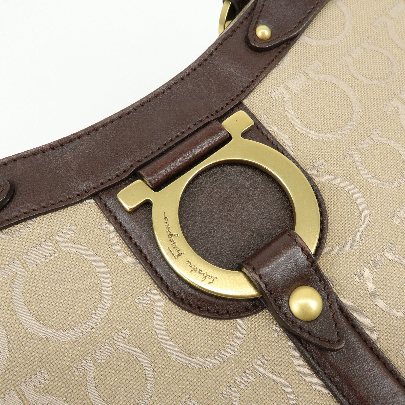 Ferragamo Gancini Canvas Leather Tote Bag Hand Bag Beige Brown