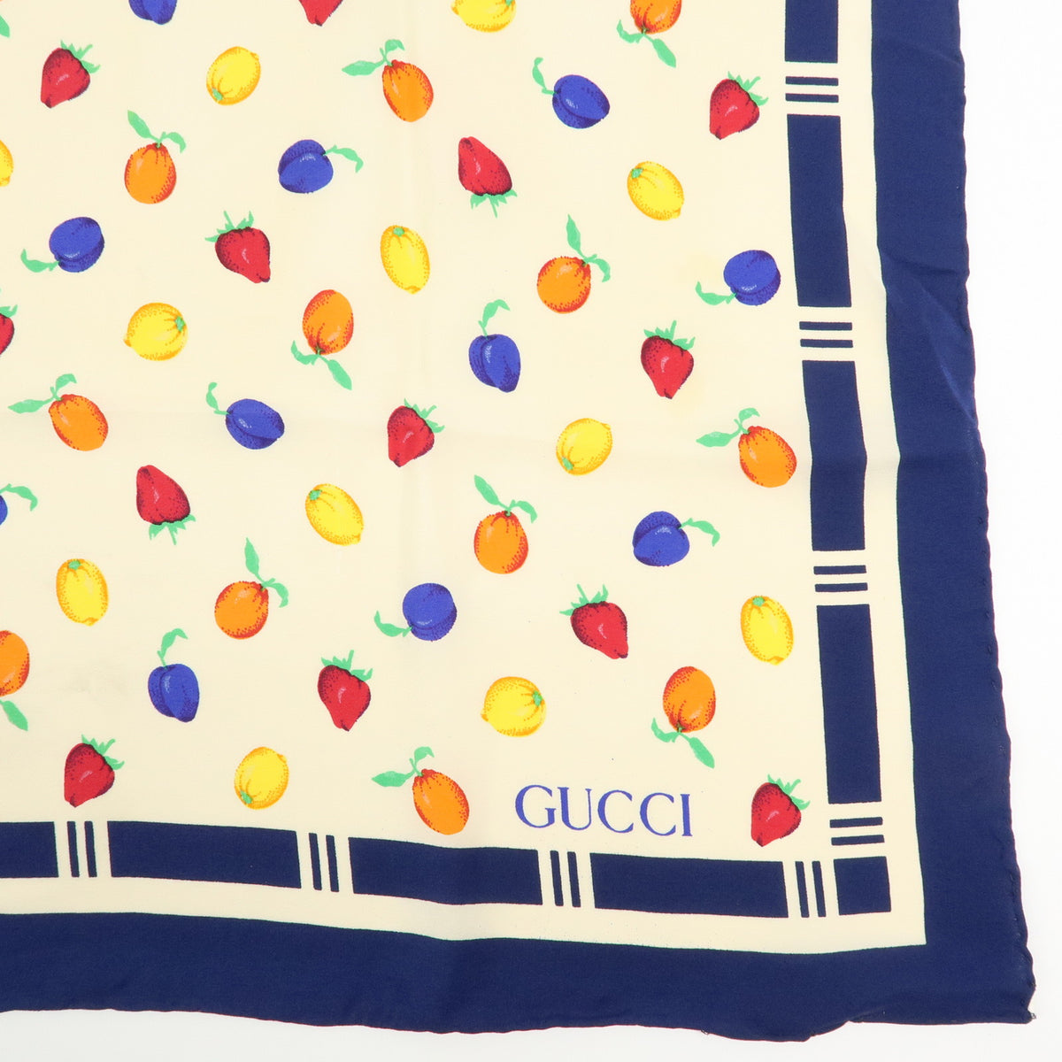 GUCCI Silk 100%  Scarf Shawl Fruit Pattern Navy Multicolor