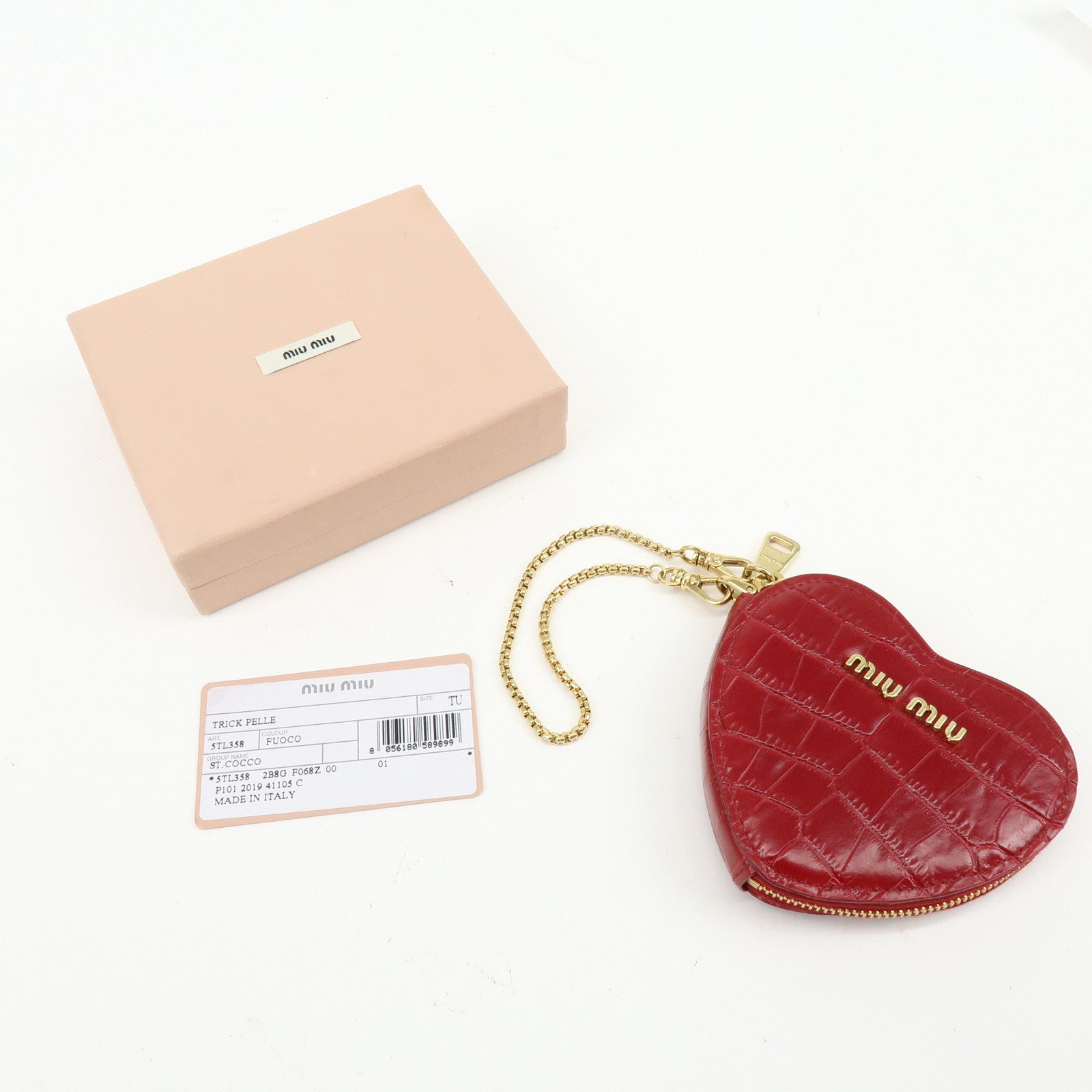 MIU MIU Embossed Leather Coin Case Bag Charm Heart Motif Red 5TL358