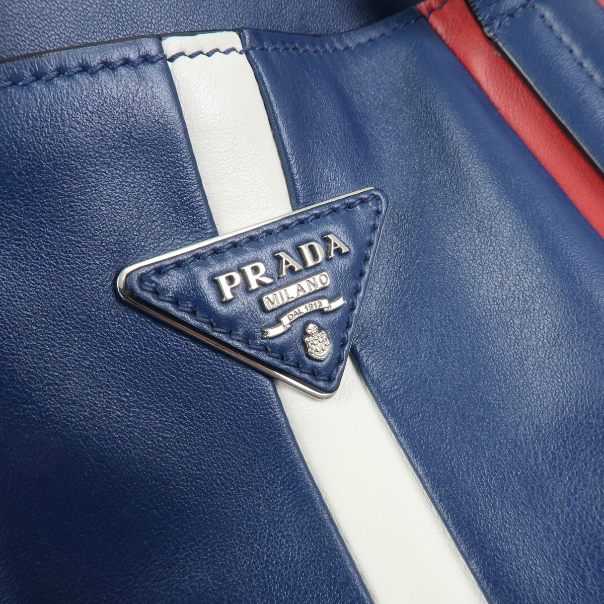 PRADA Triangle Logo Leather Tote Bag Shoulder Bag Blue White Red