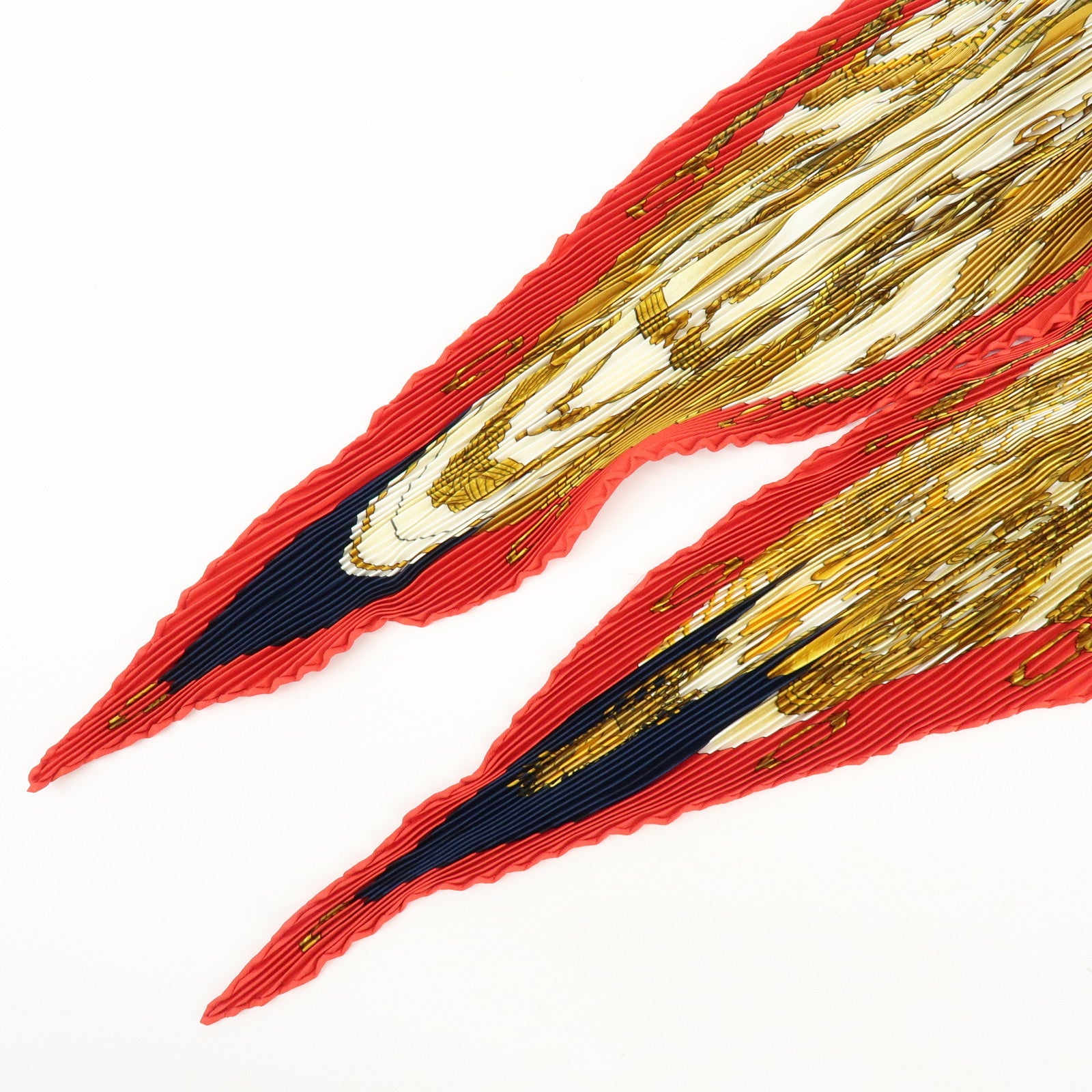 HERMES Pleated Carre Silk 100% Scarf SOLEIL DE SOIE Gold Red Navy