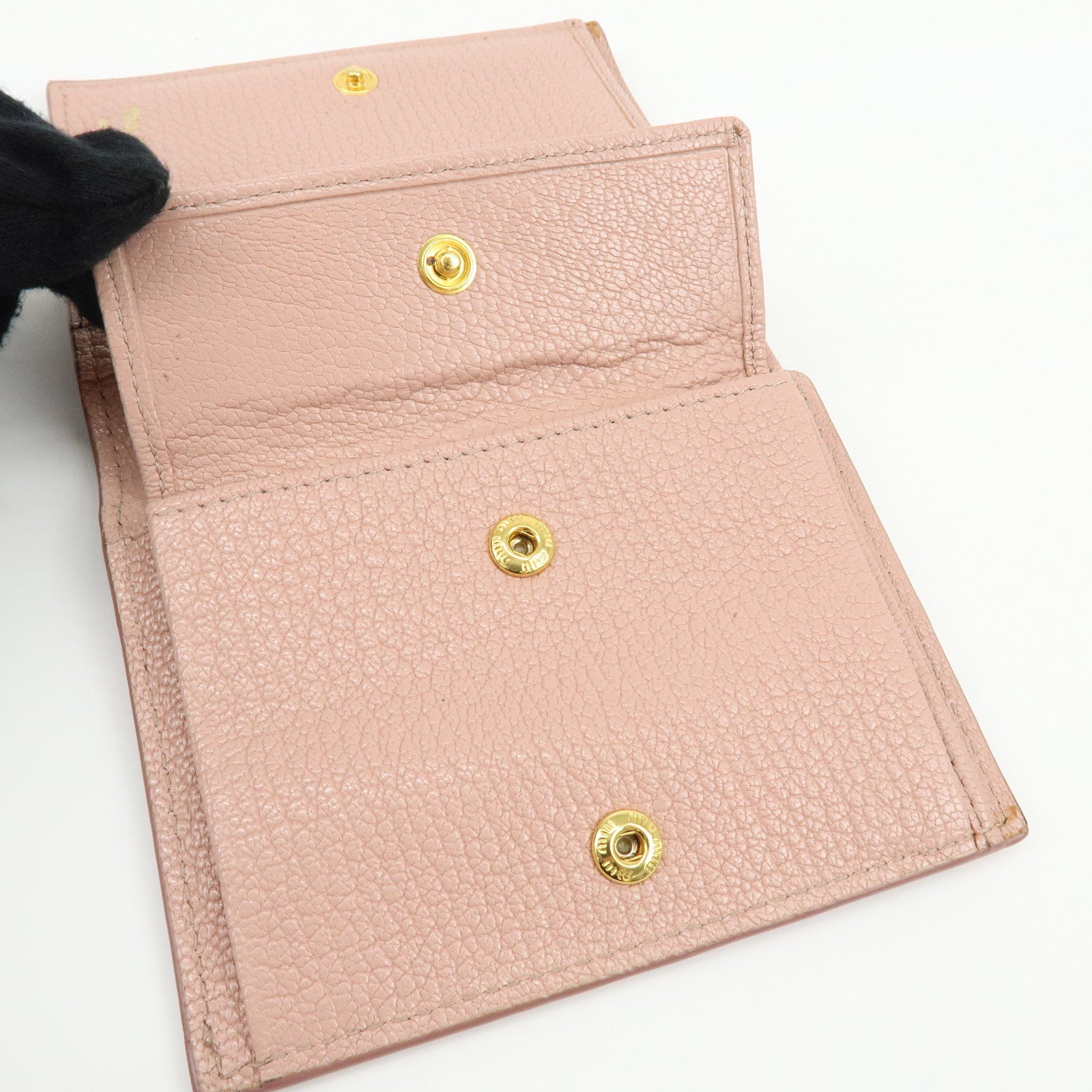 MIU MIU Logo Madras Leather Bi-fold Compact Wallet Pink