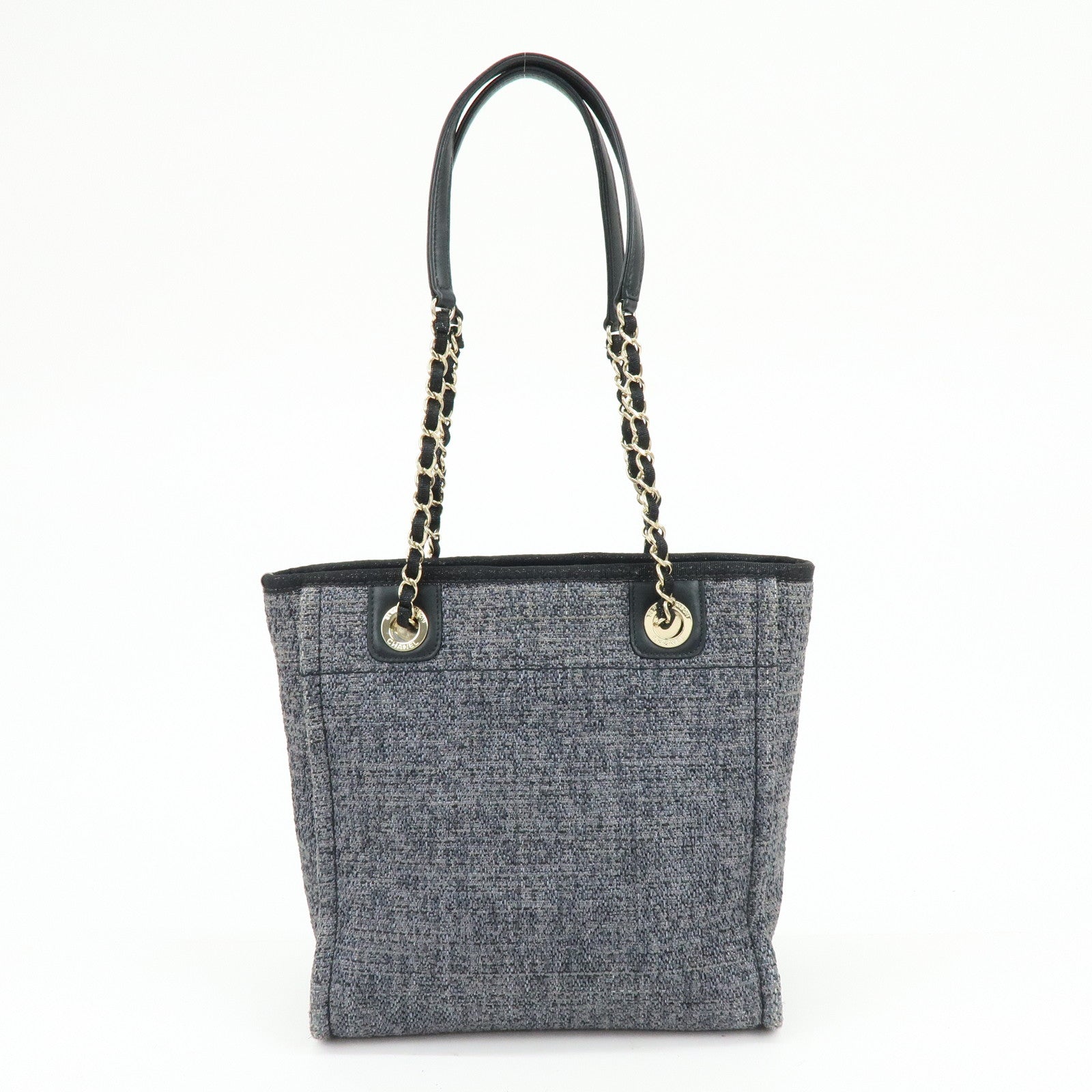 CHANEL Deauville PM Raffia Calf Leather Chain Tote Bag Black A66939