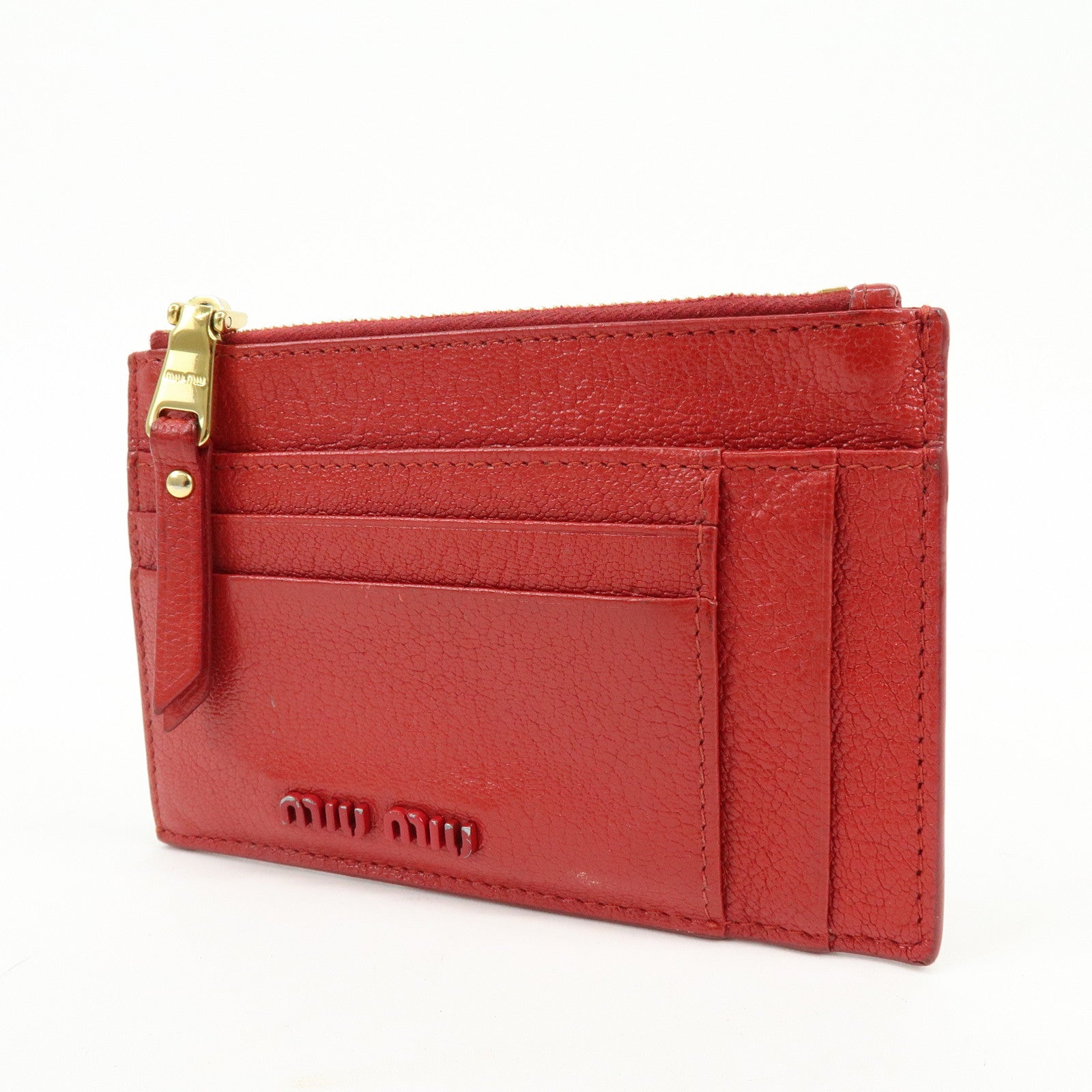MIU MIU Madras Leather Slim Card Holder Fragment Coin Case Red 5MC446