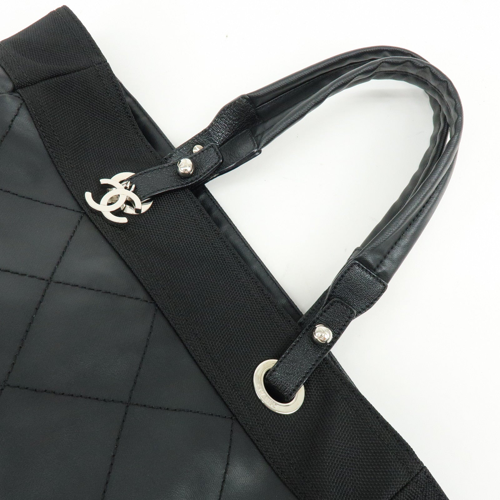 CHANEL Paris Biarritz COCO Mark Leather Canvas Tote Bag Black A34209