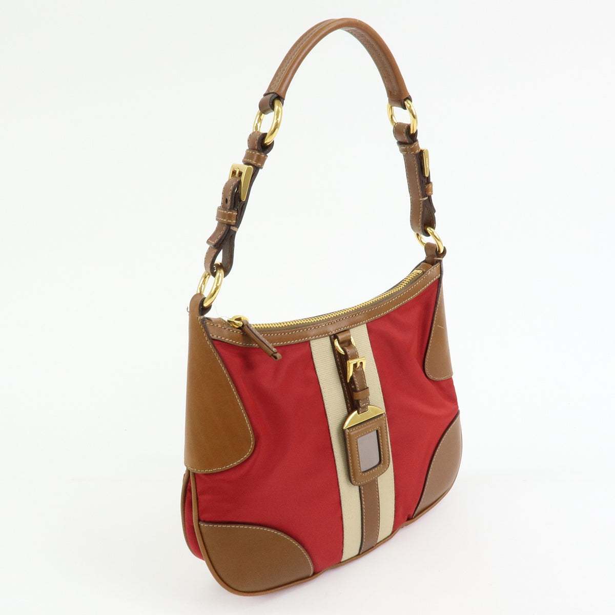 PRADA Triangle Logo Nylon Leather Shoulder Bag Red Beige Brown