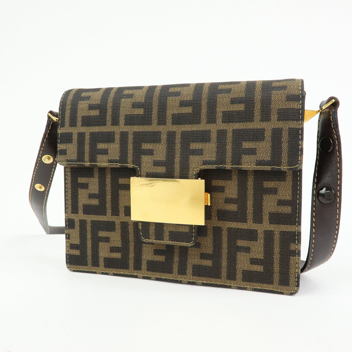 FENDI ZUCCA Jacquard Canvas Leather Shoulder Bag Brown Black