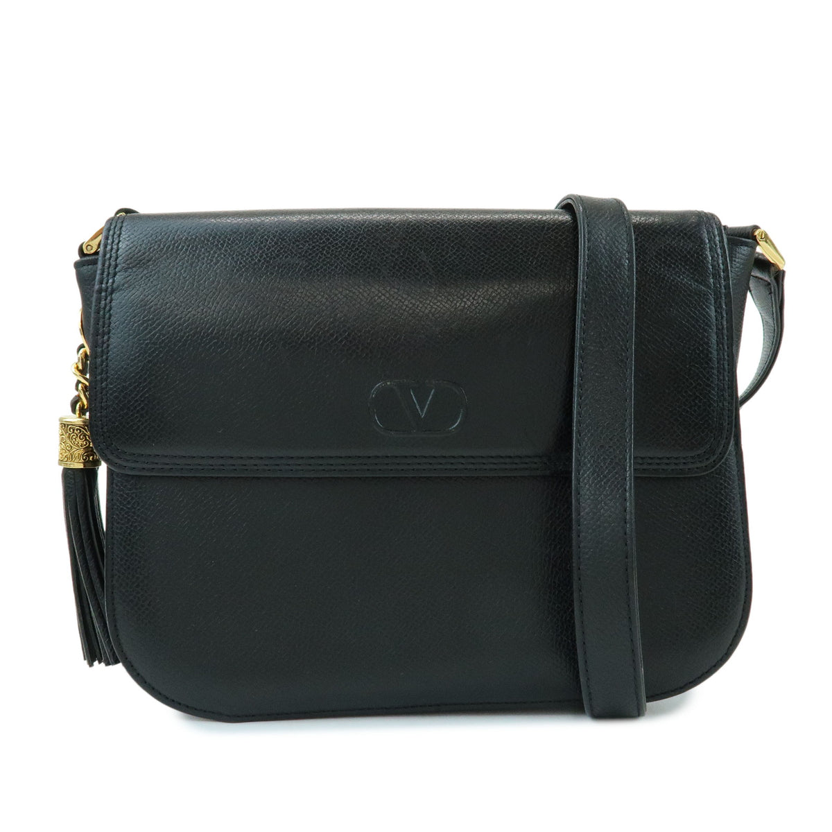 VALENTINO V Logo Leather Shoulder Bag Crossbody Bag Tassel Charm Black
