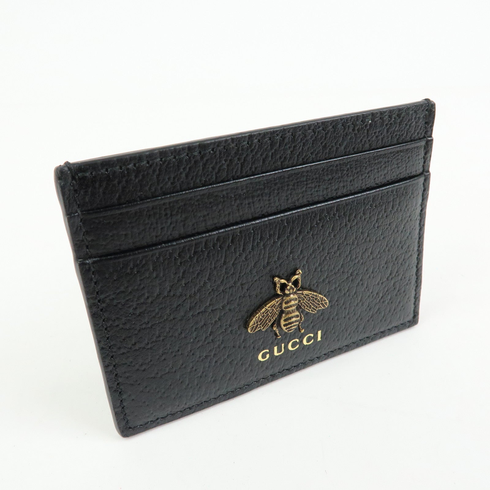 GUCCI Animalier Leather Card Case Card Holder Bee Motif Black 523685