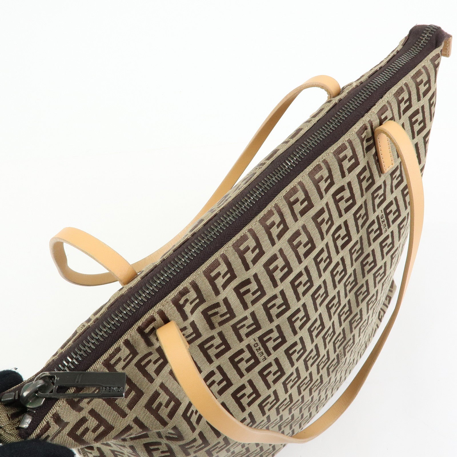 FENDI Zucchino Canvas Leather Tote Bag Shoulder Bag Beige 8BH024