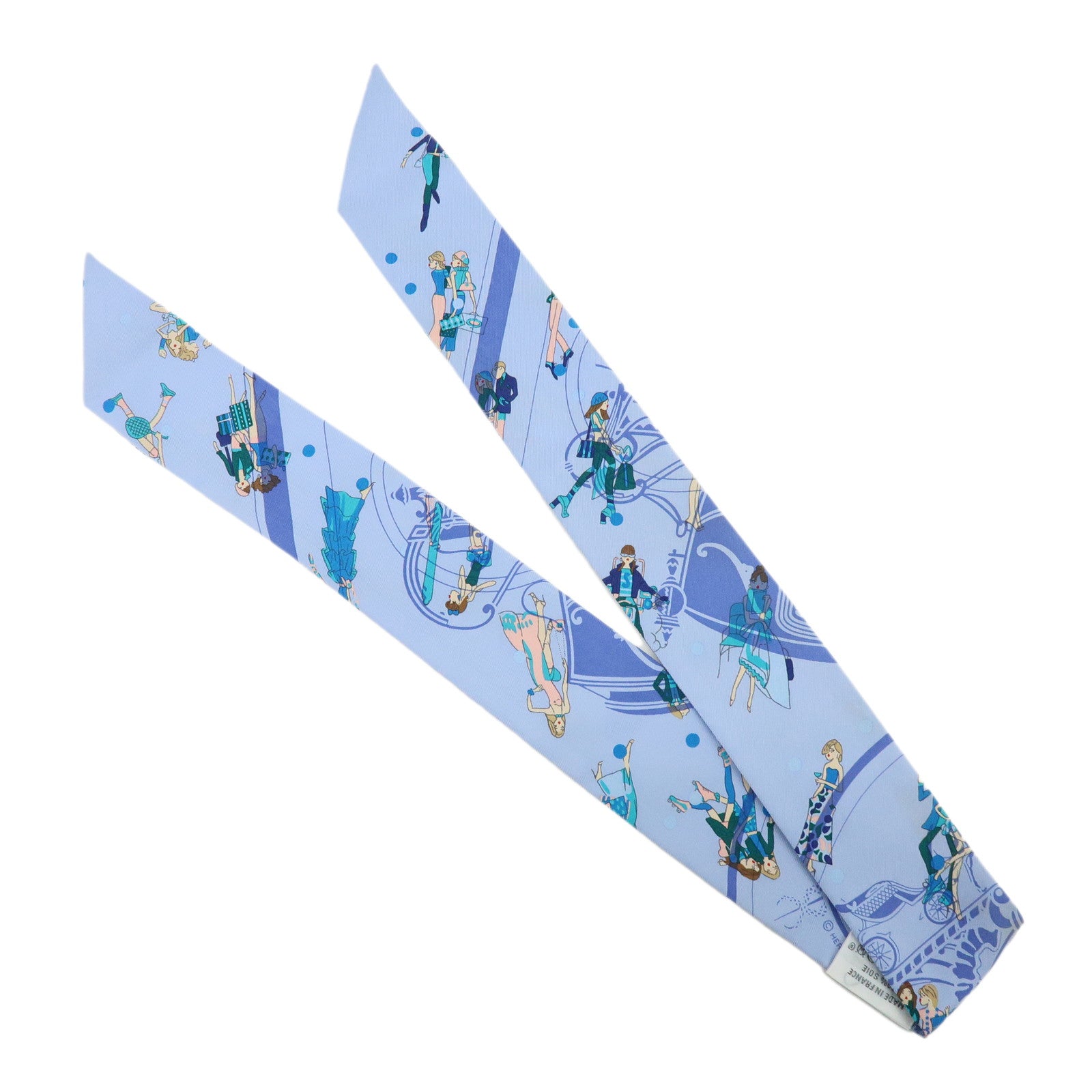 HERMES Twilly Silk 100%  Scarf Ex-Libris Les Parisiennes Light Blue