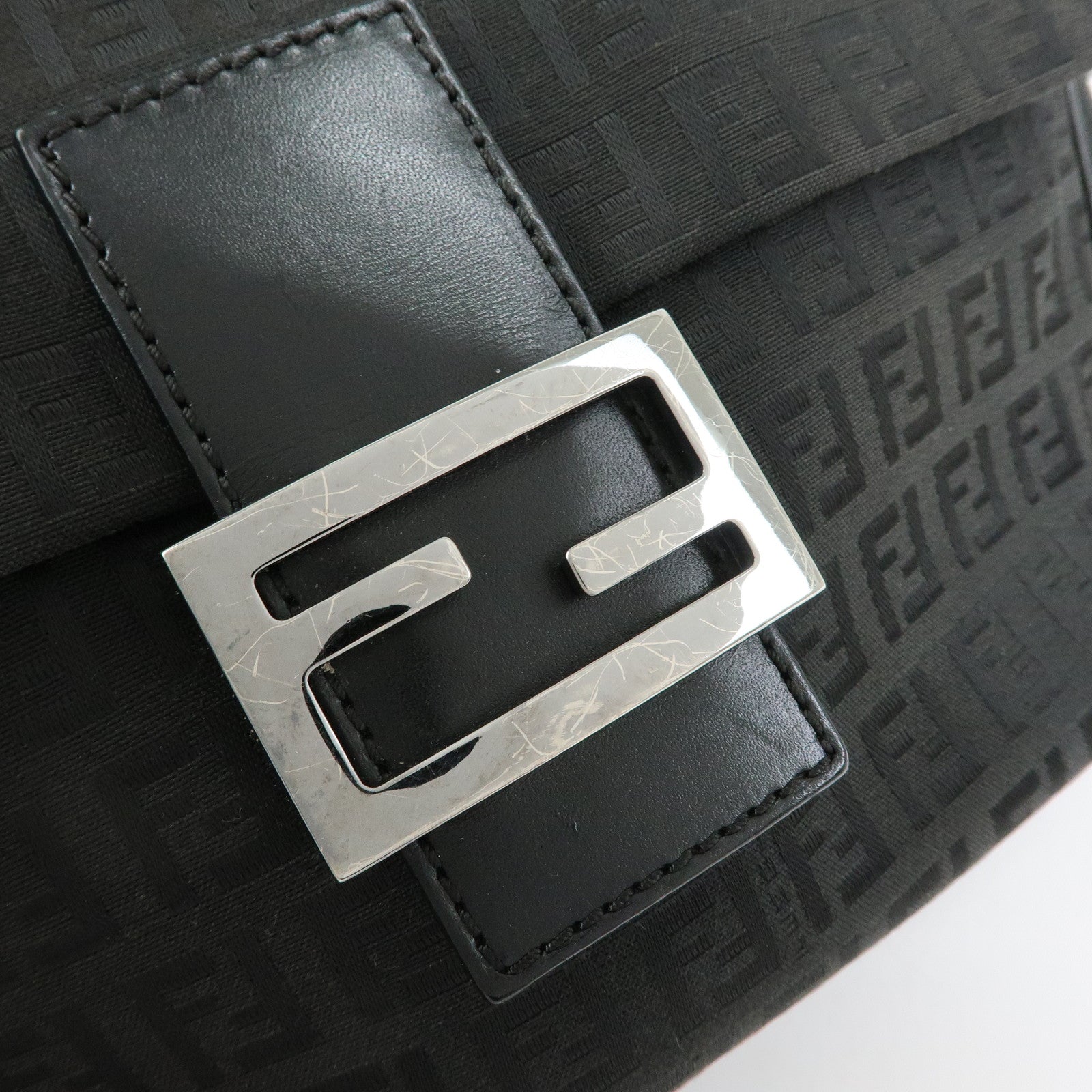 FENDI Zucchino Jacquard Canvas Leather Shoulder Bag Black 8BT117