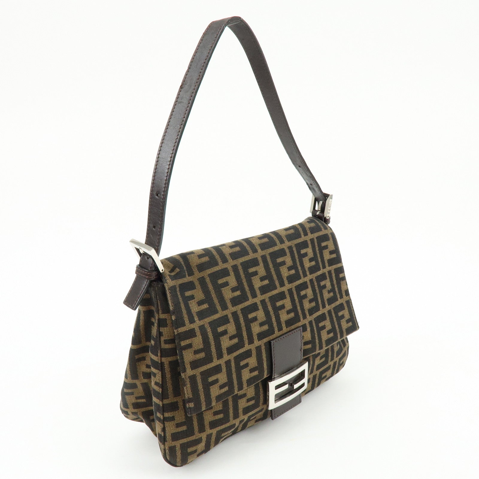 FENDI Mamma Baguette Zucca Canvas Leather Shoulder Bag Brown 26325