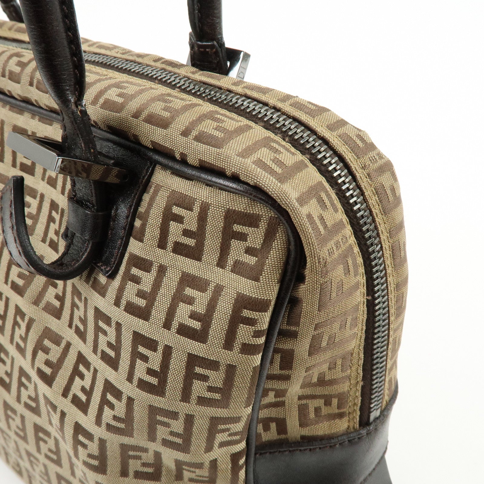 FENDI Zucchino Canvas Leather Boston Bag Shoulder Bag Beige 8BN005