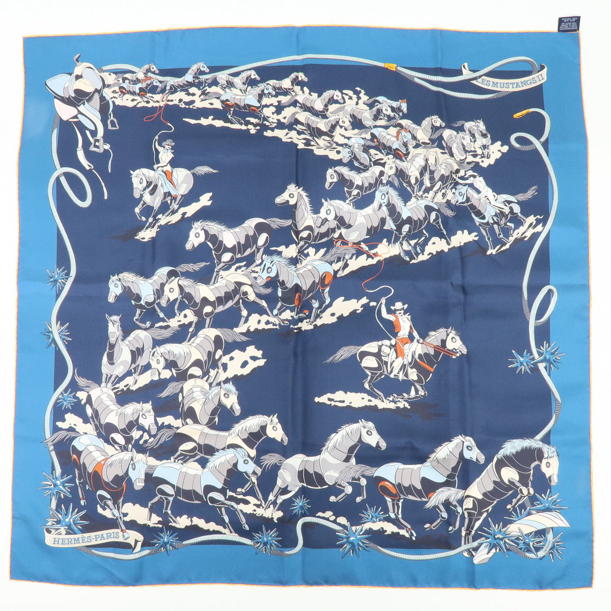 HERMES Carre Double Face 90 Silk 100% Scarf Les Mustangs Marble Navy