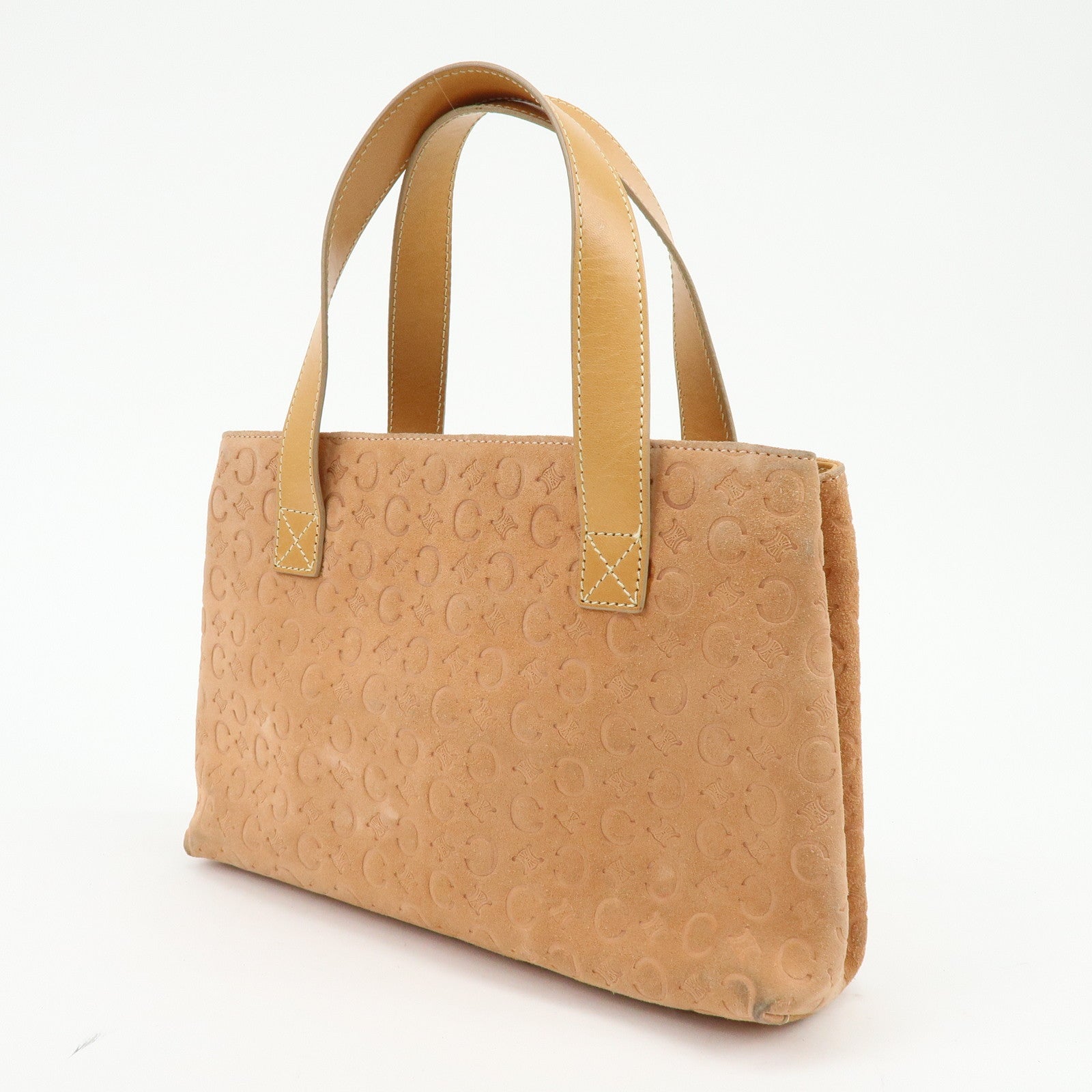 CELINE C Macadam Suede Leather Hand Bag Tote Bag Orange Beige