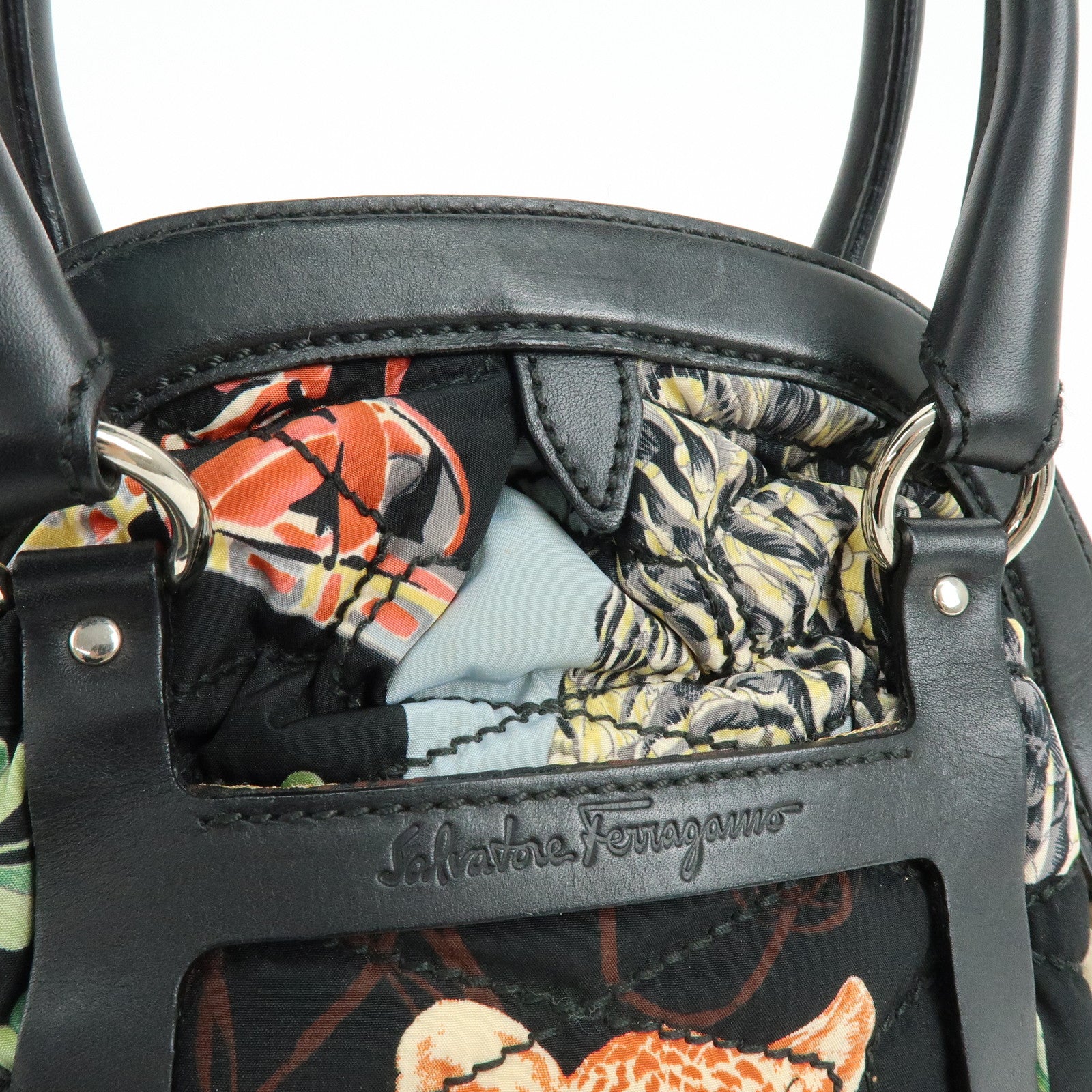 Ferragamo Nylon Quilting Leather Hand Bag Animalier Black Multicolor
