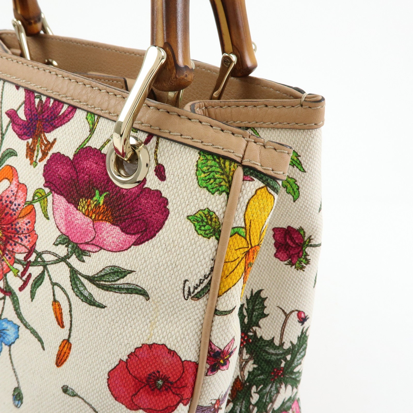 GUCCI Bamboo Flora Canvas Leather 2Way Bag Japan Limited Ivory 336032