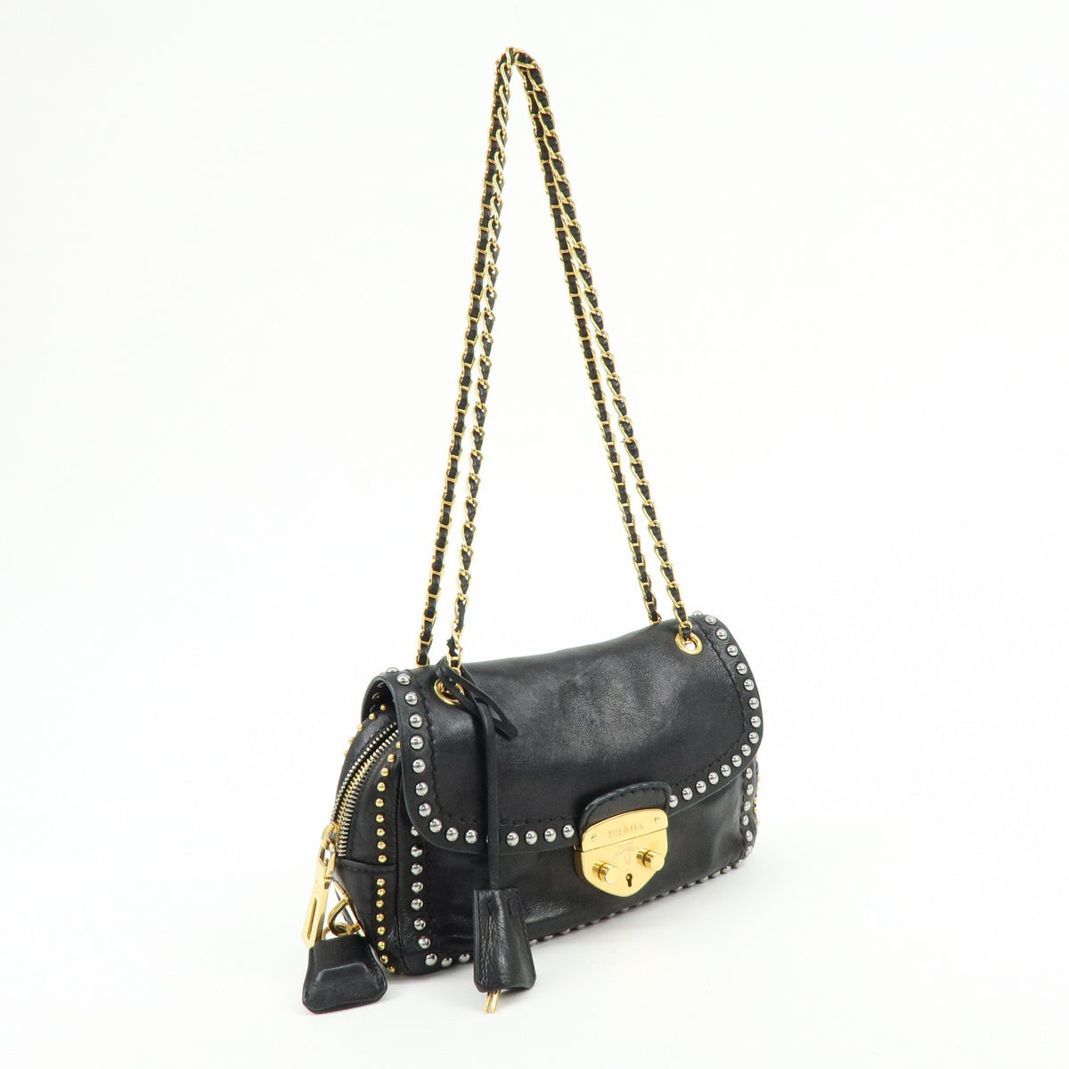 PRADA Leather Chain Shoulder Bag Studded Black Gold Silver BR4588