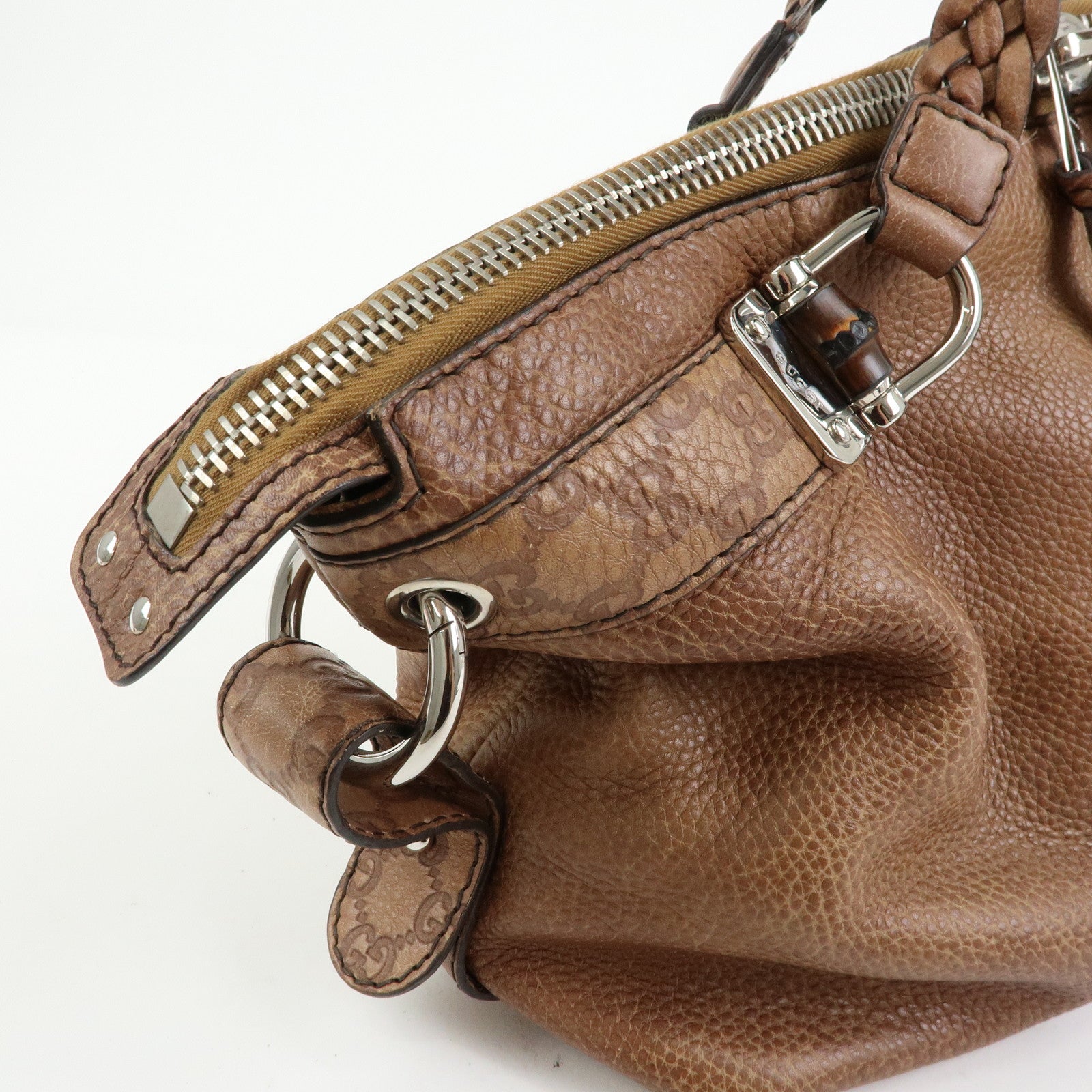 GUCCI Bamboo Embossed Leather Boston Bag Hand Bag Brown 232959