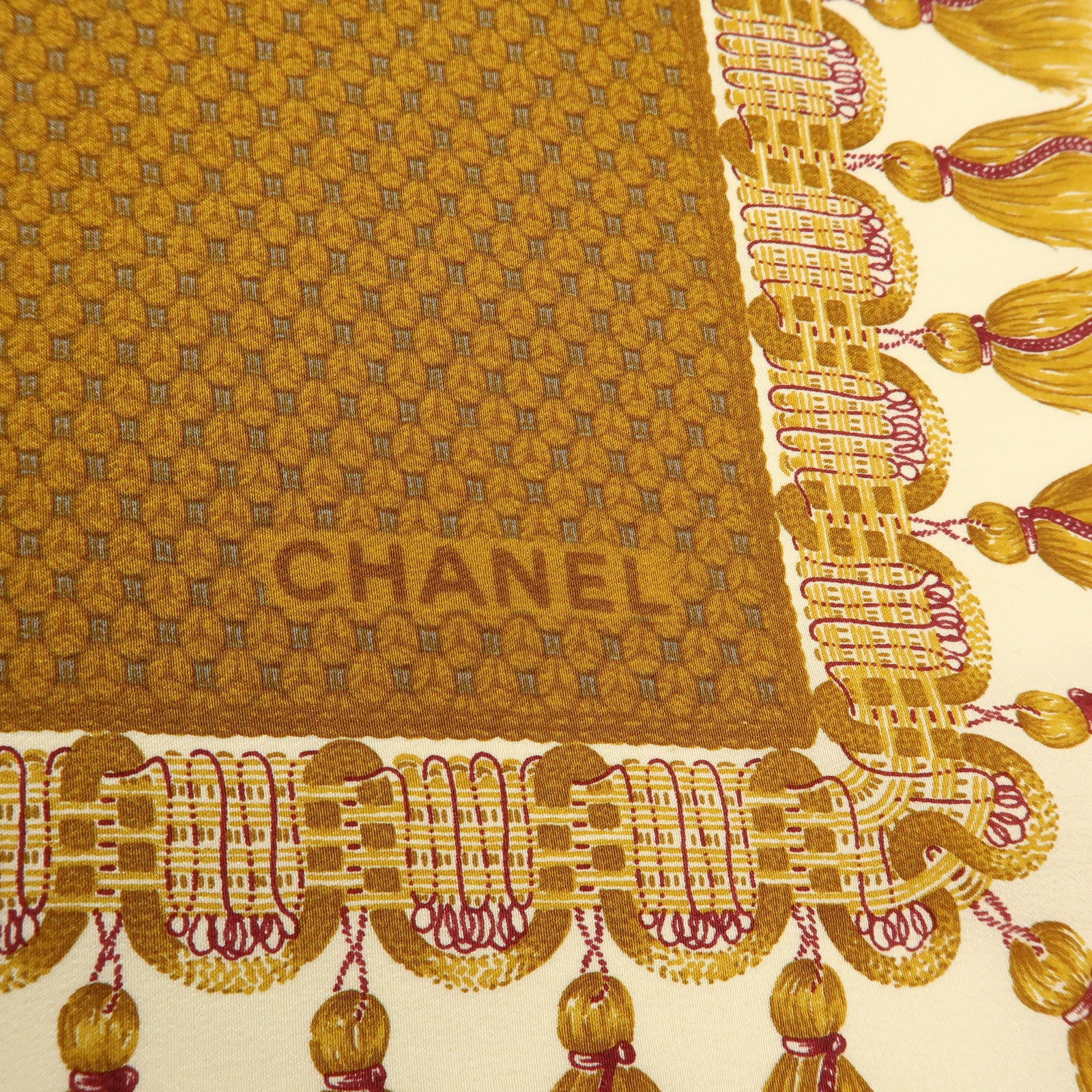 CHANEL Silk 100% Scarf Shawl Tassel Pattern Brown Bordeaux