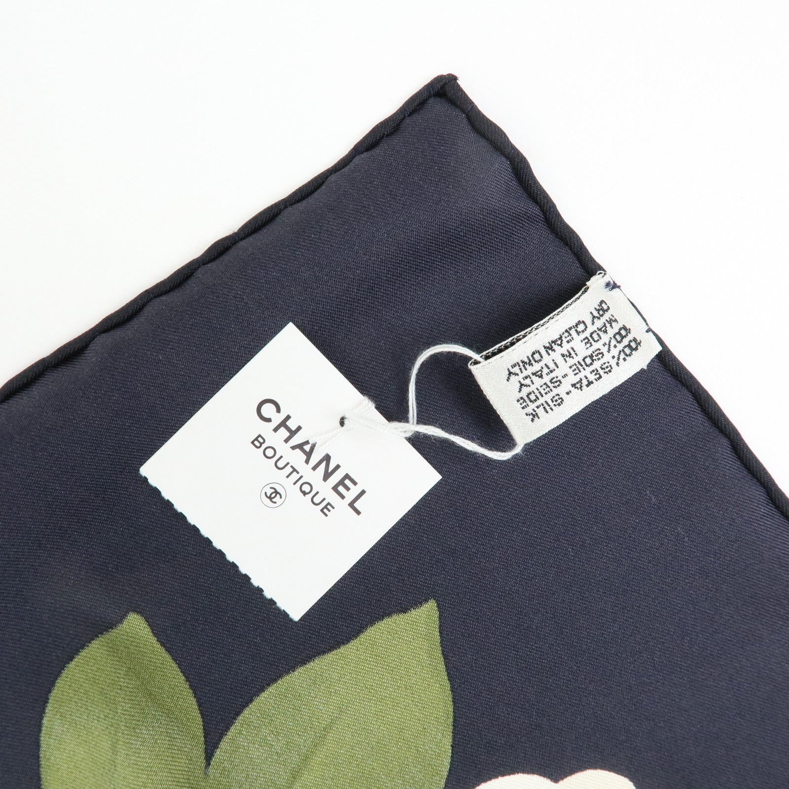 CHANEL COCO Mark Silk 100% Scarf Camellia Flower Black White Gold
