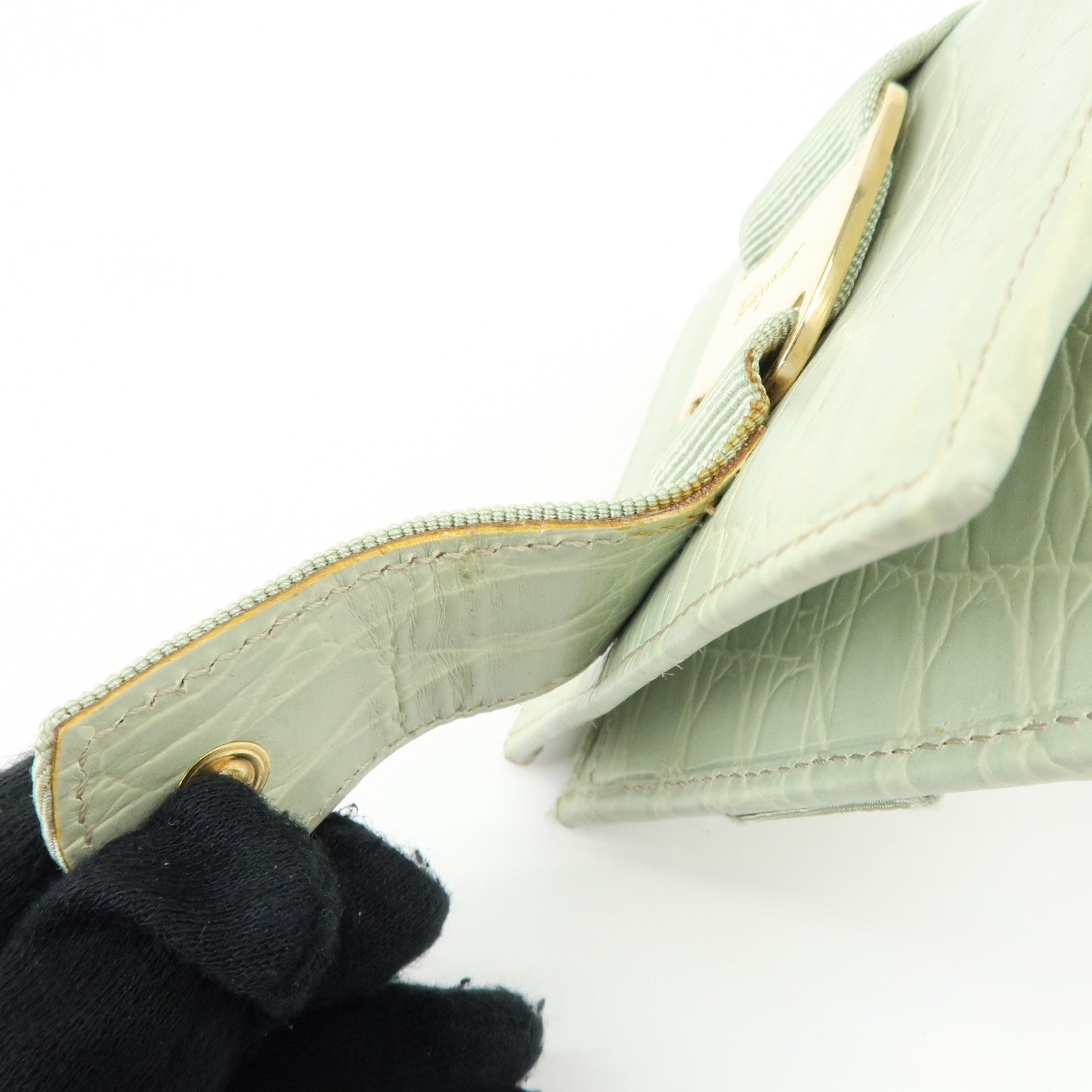 Ferragamo Vara Embossed Leather Compact Wallet Light Green