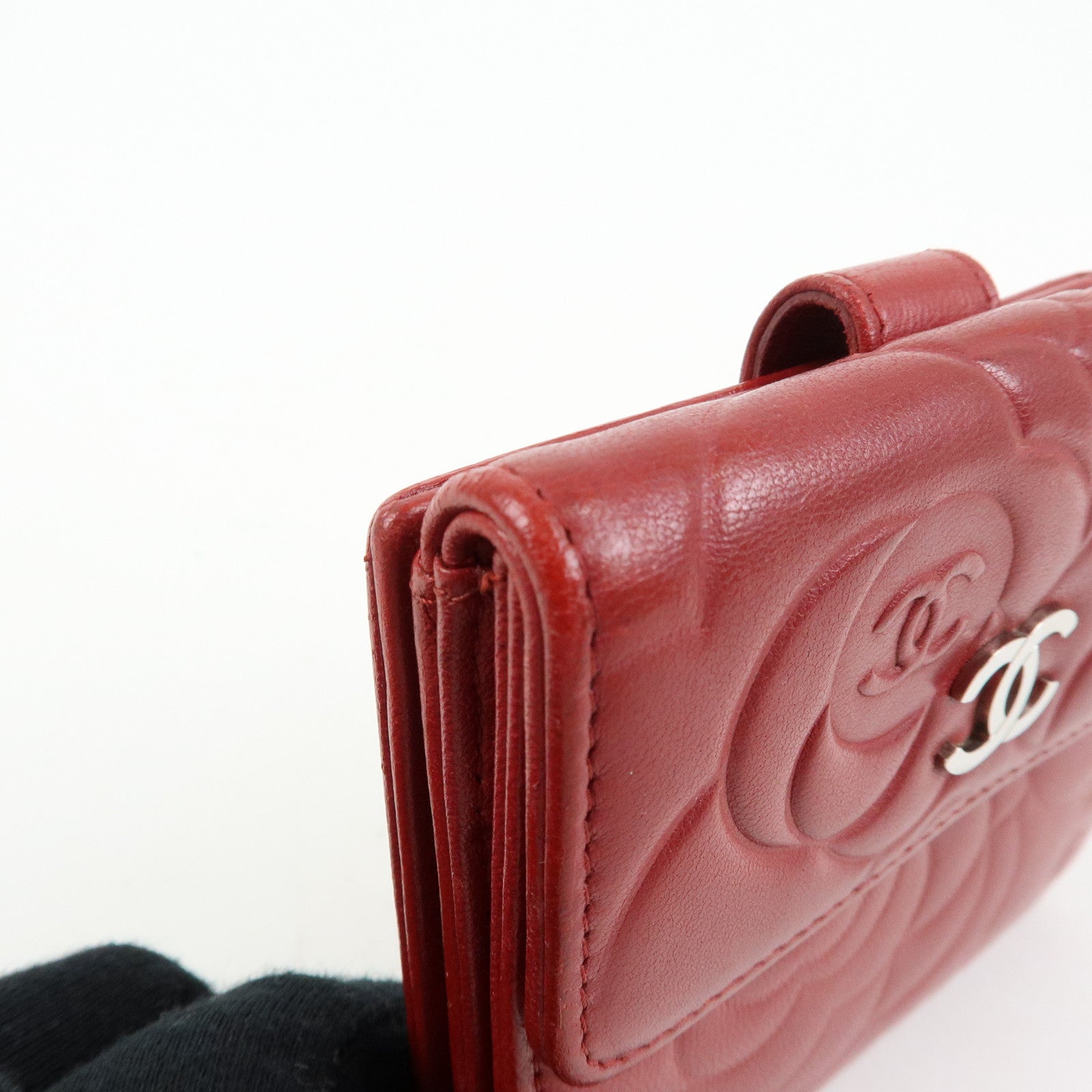 CHANEL Camellia COCO Mark Lamb Skin Bi-fold Compact Wallet Red A47422