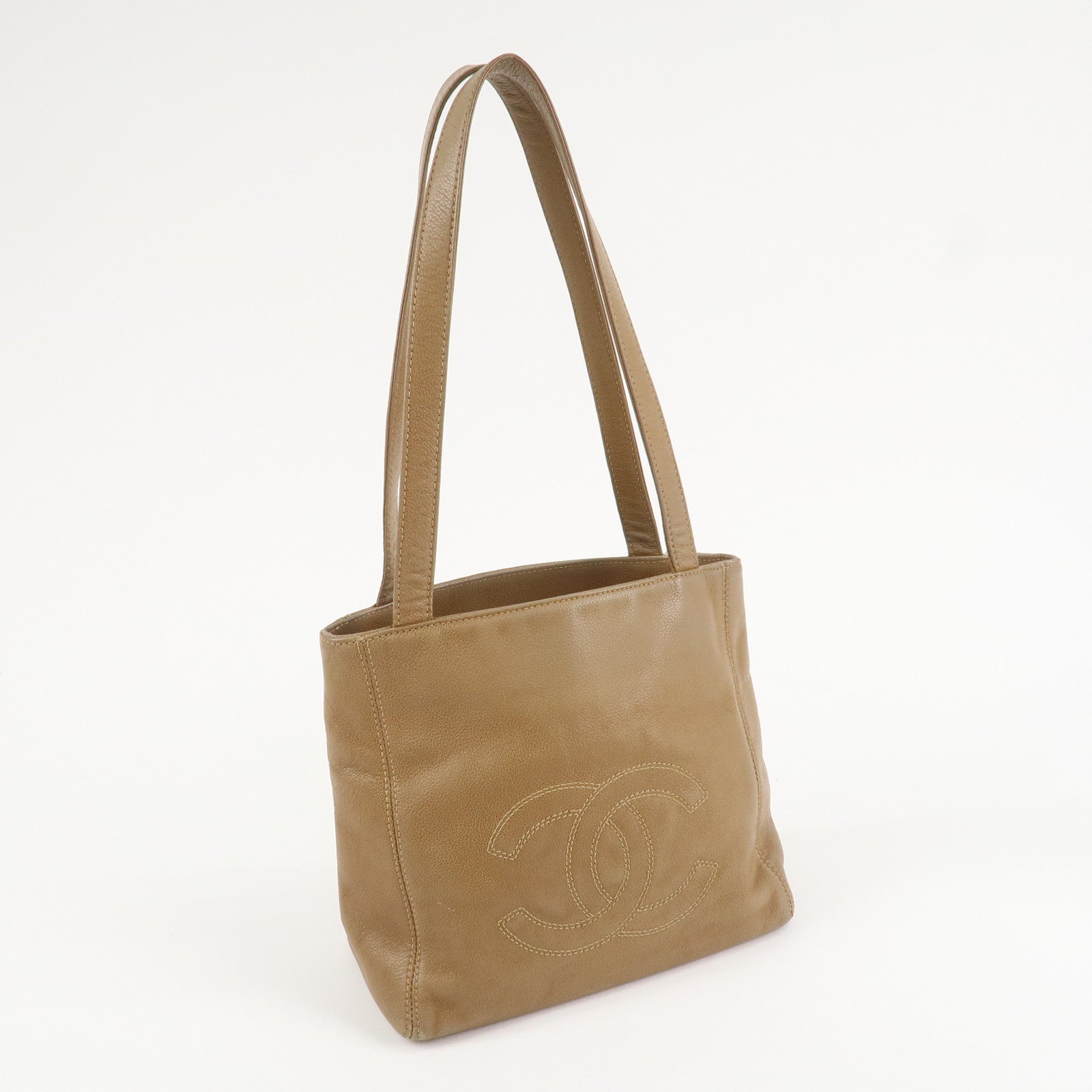 CHANEL COCO Mark Caviarskin Leather Bag Tote Bag Shoulder Bag Beige Used