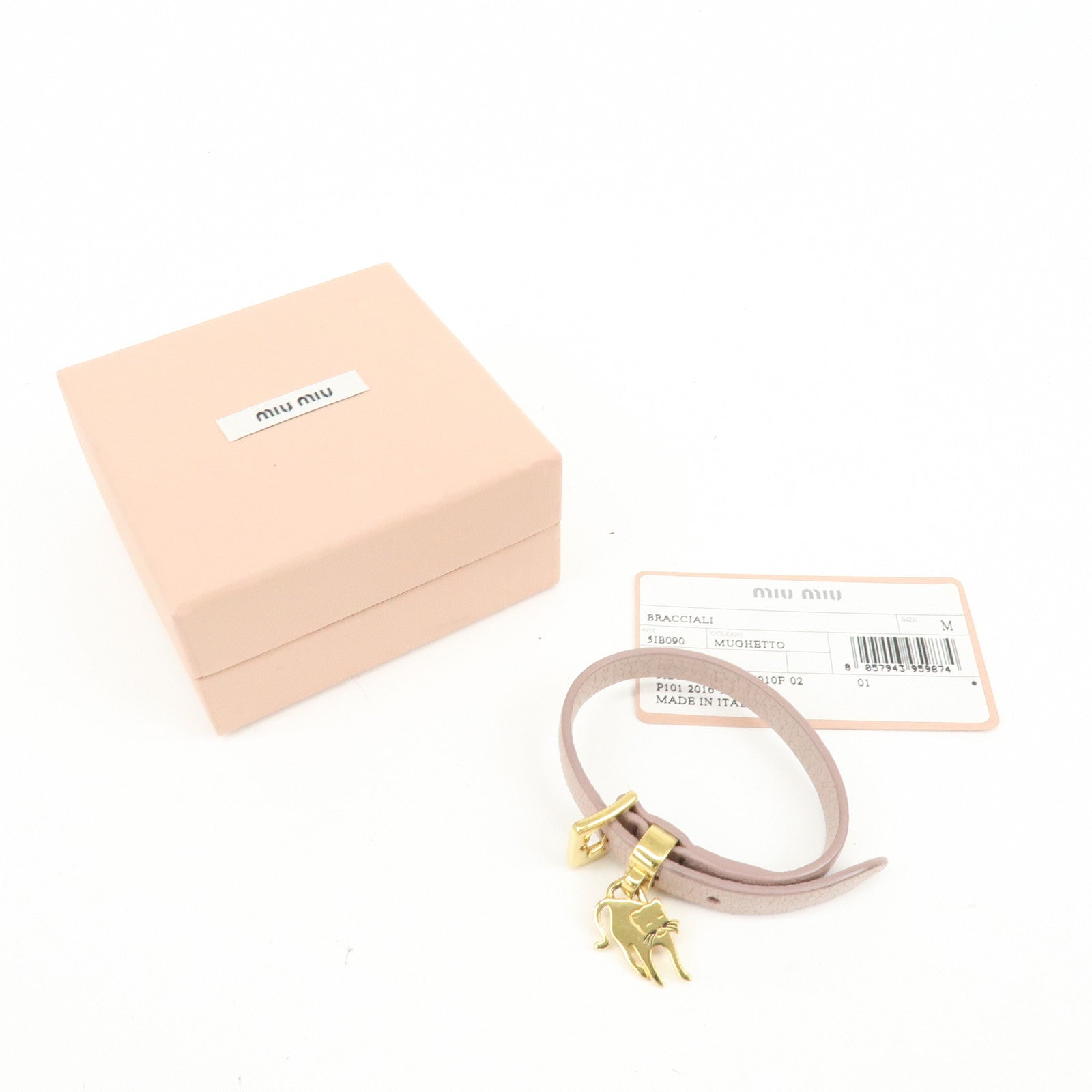 MIU MIU Madras Leather Metal Bracelet Cat Motif Pink 51B090