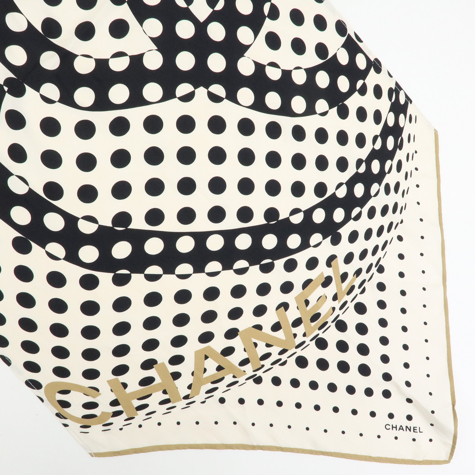 CHANEL COCO Mark Silk 100% Scarf Dot Pattern Clover Ivory Black