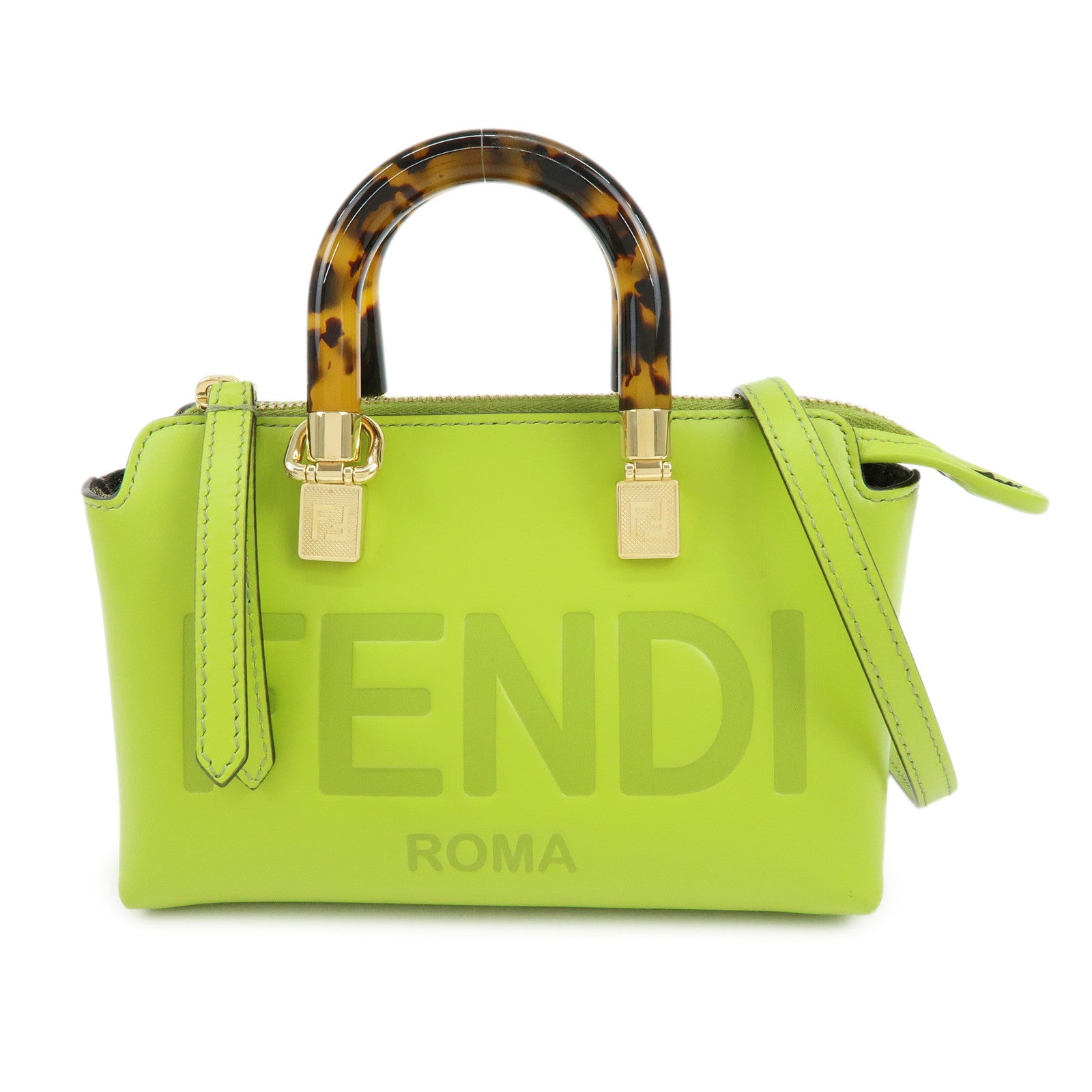 FENDI By the Way Leather 2Way Bag Mini Hand Bag Lime Green 8BS067