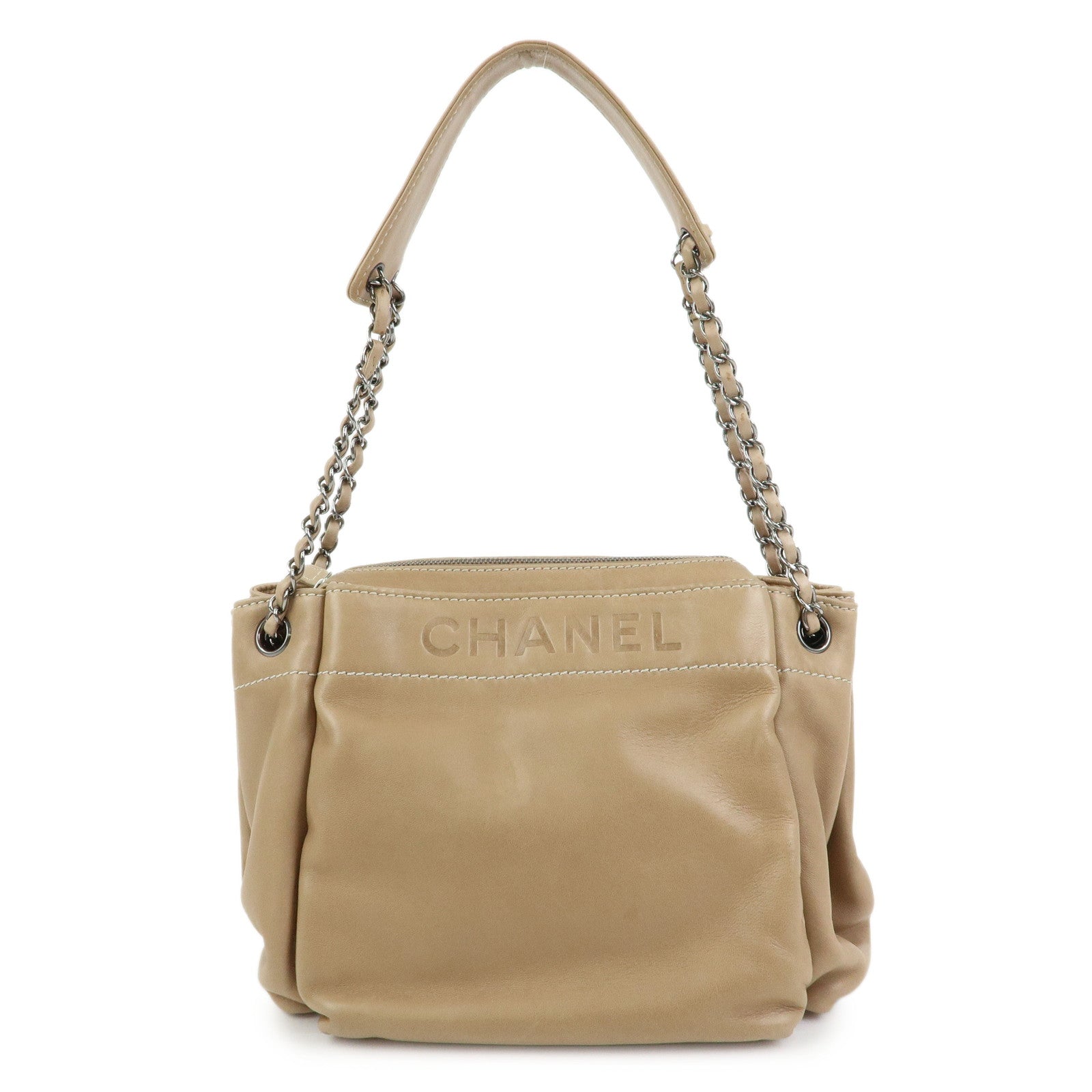 CHANEL LAX Accordion Lamb Skin Chain Shoulder Bag Hand Bag Beige