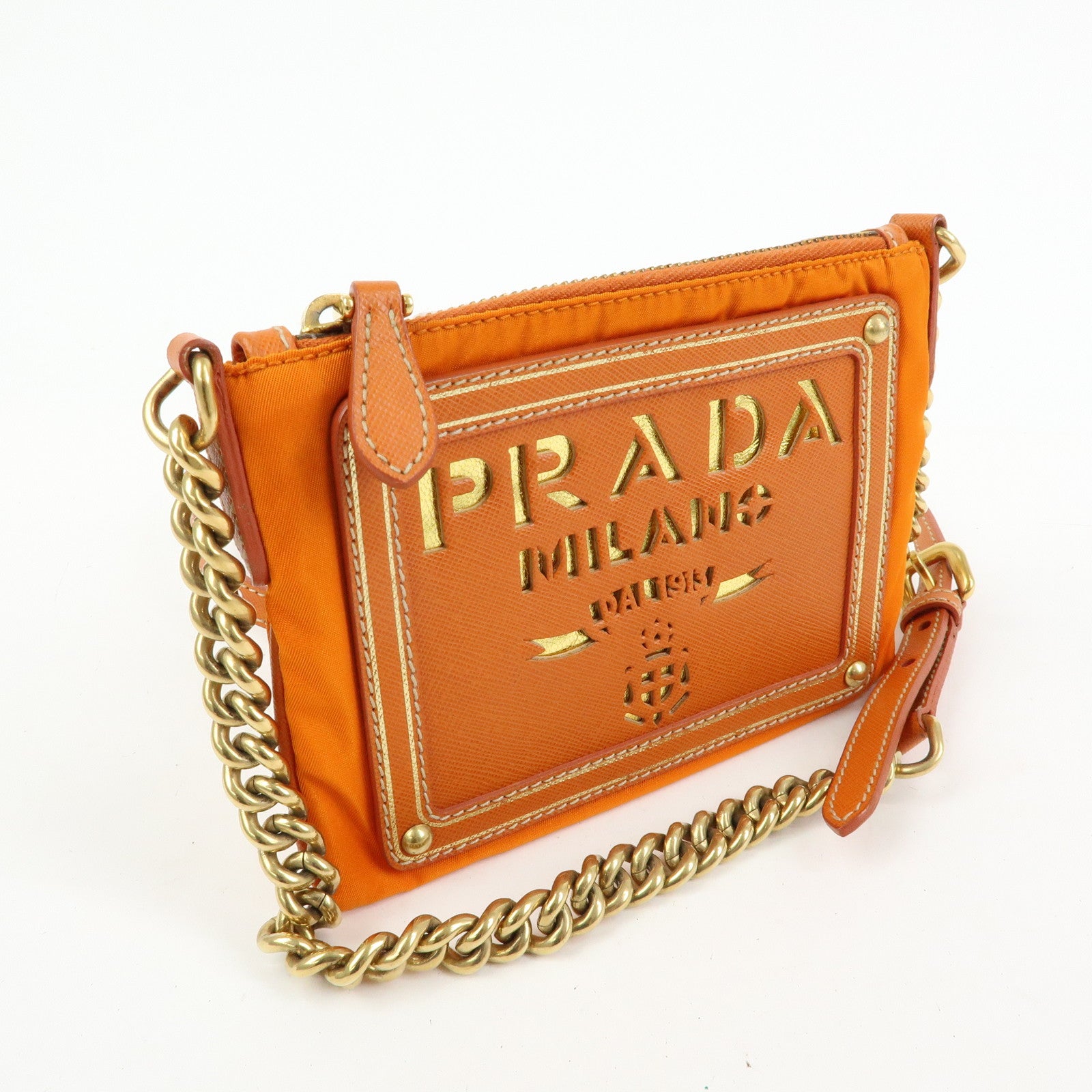 PRADA Nylon Leather Chain Shoulder Bag Crossbody Bag Papaya Orange