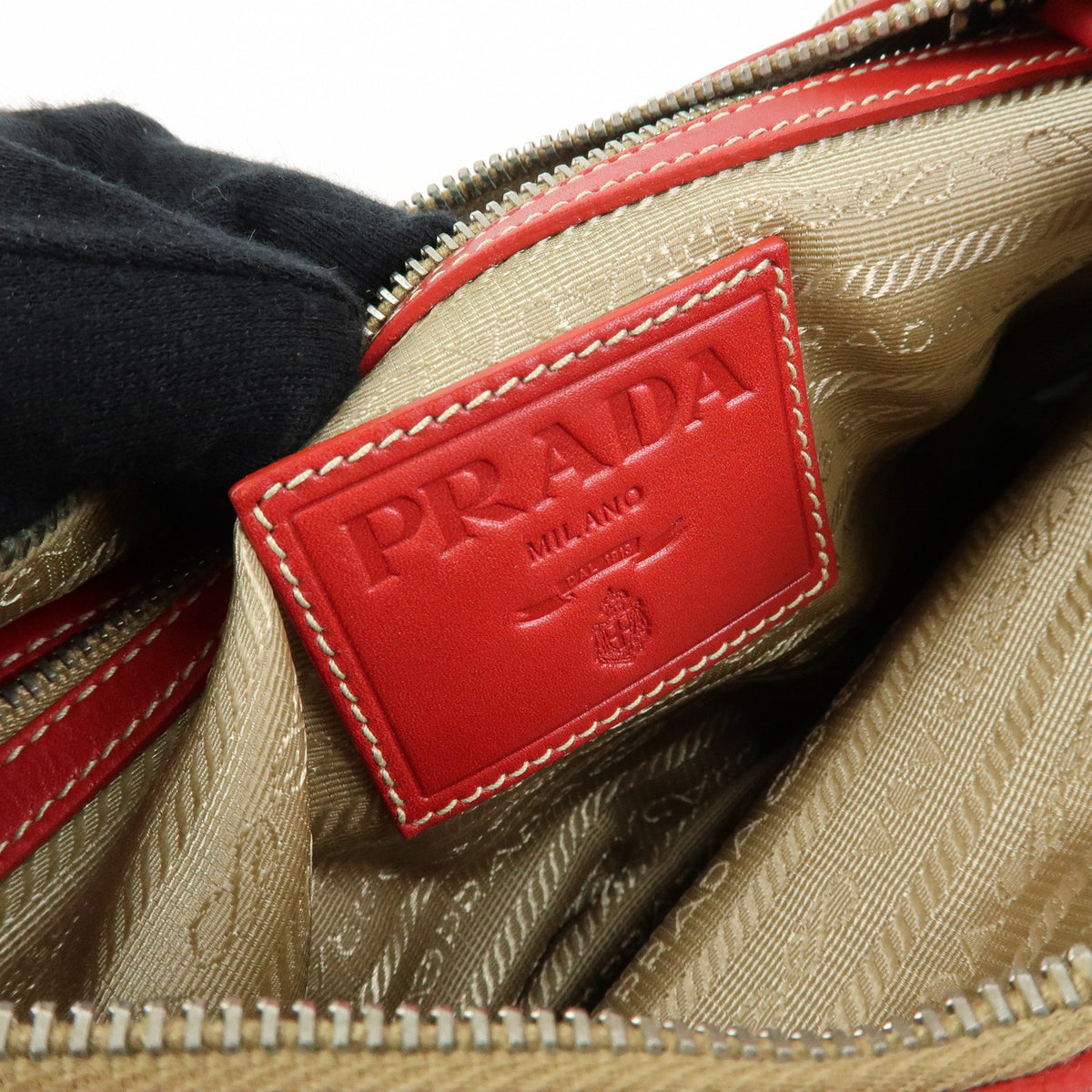 PRADA Logo Jacquard Leather Shoulder Bag Hand Bag Beige Red BR3429