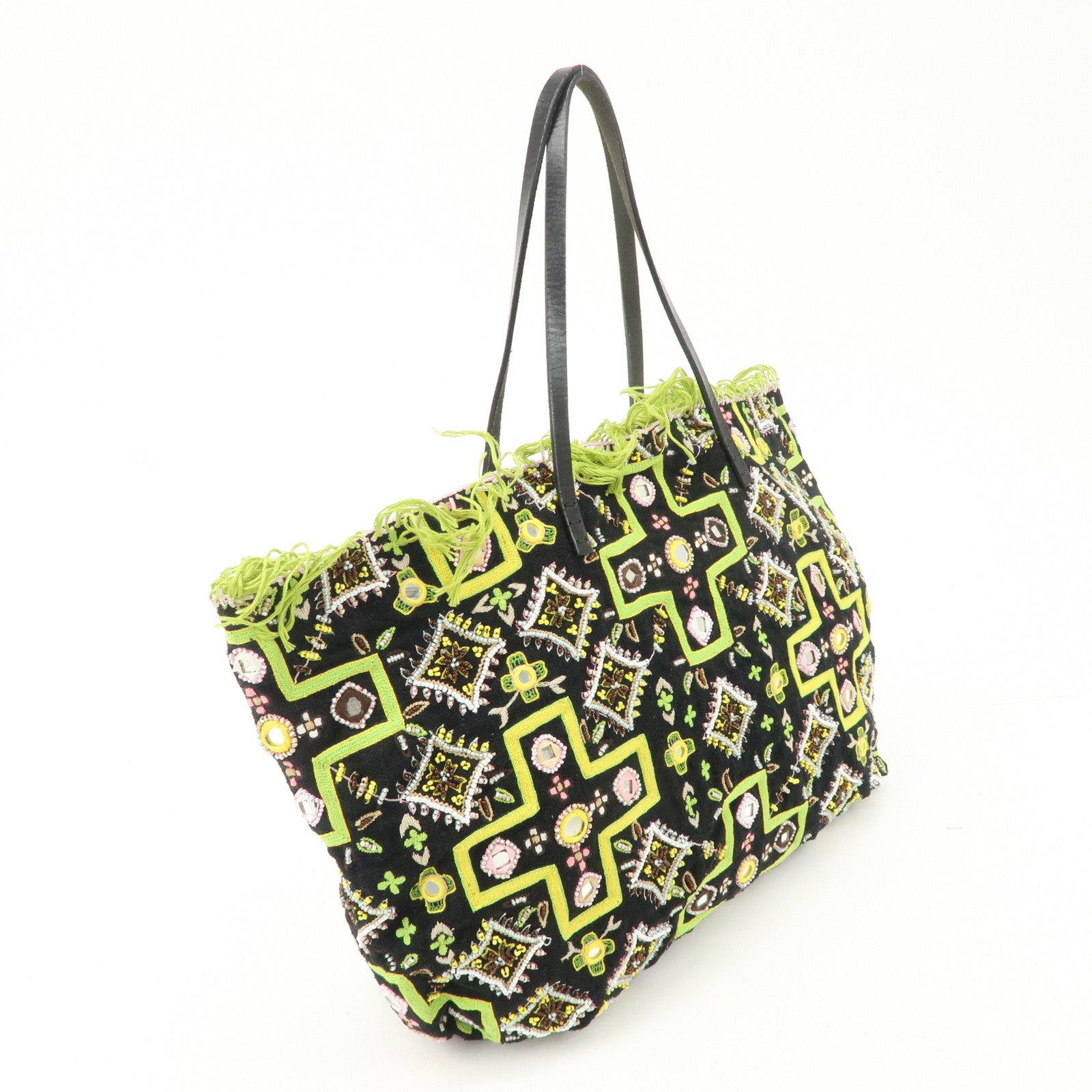 FENDI Canvas Leather Beaded Embroidery Tote Bag Hand Bag Black Used