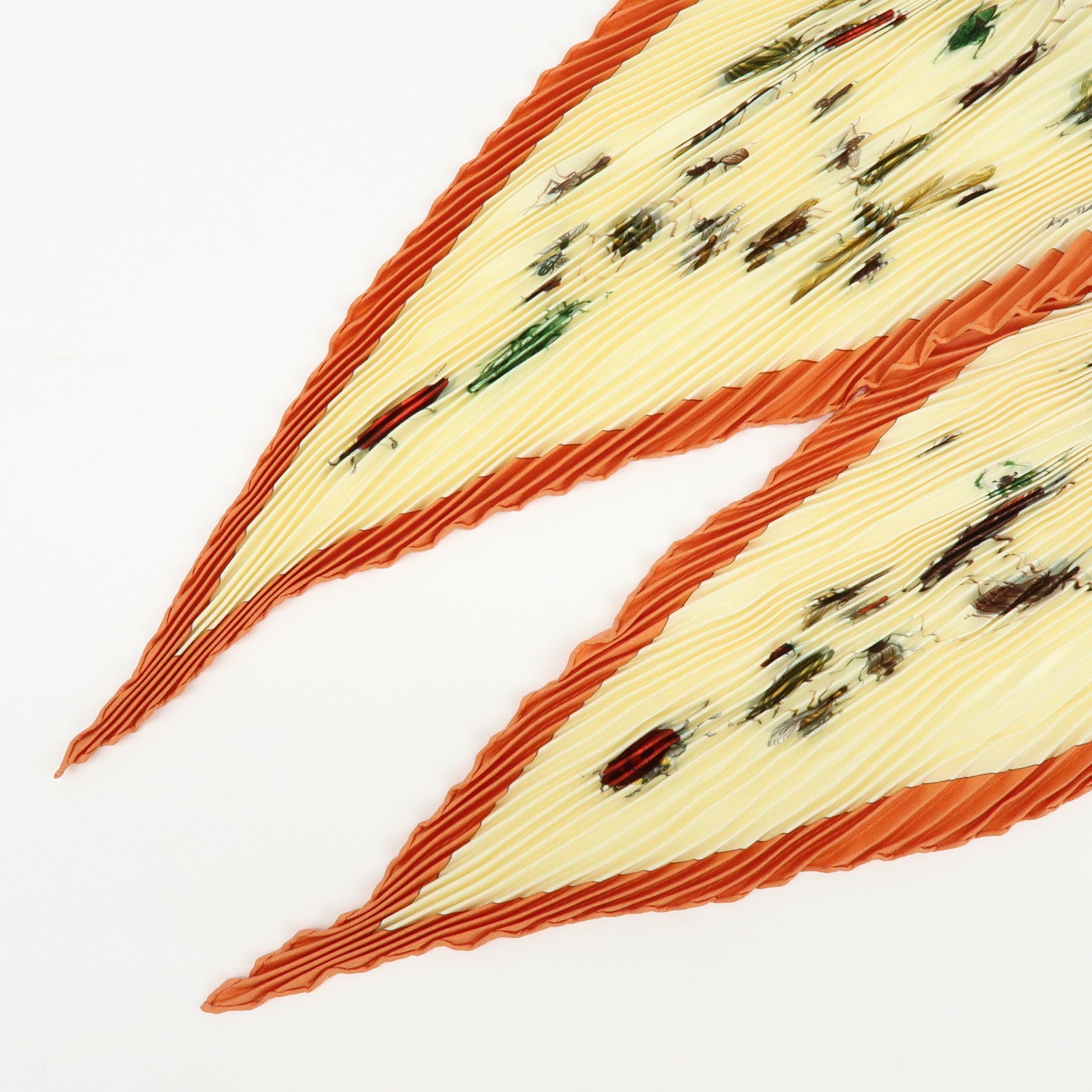 HERMES Pleats Carre Silk 100% Scarf LES INSECTES Cream Orange