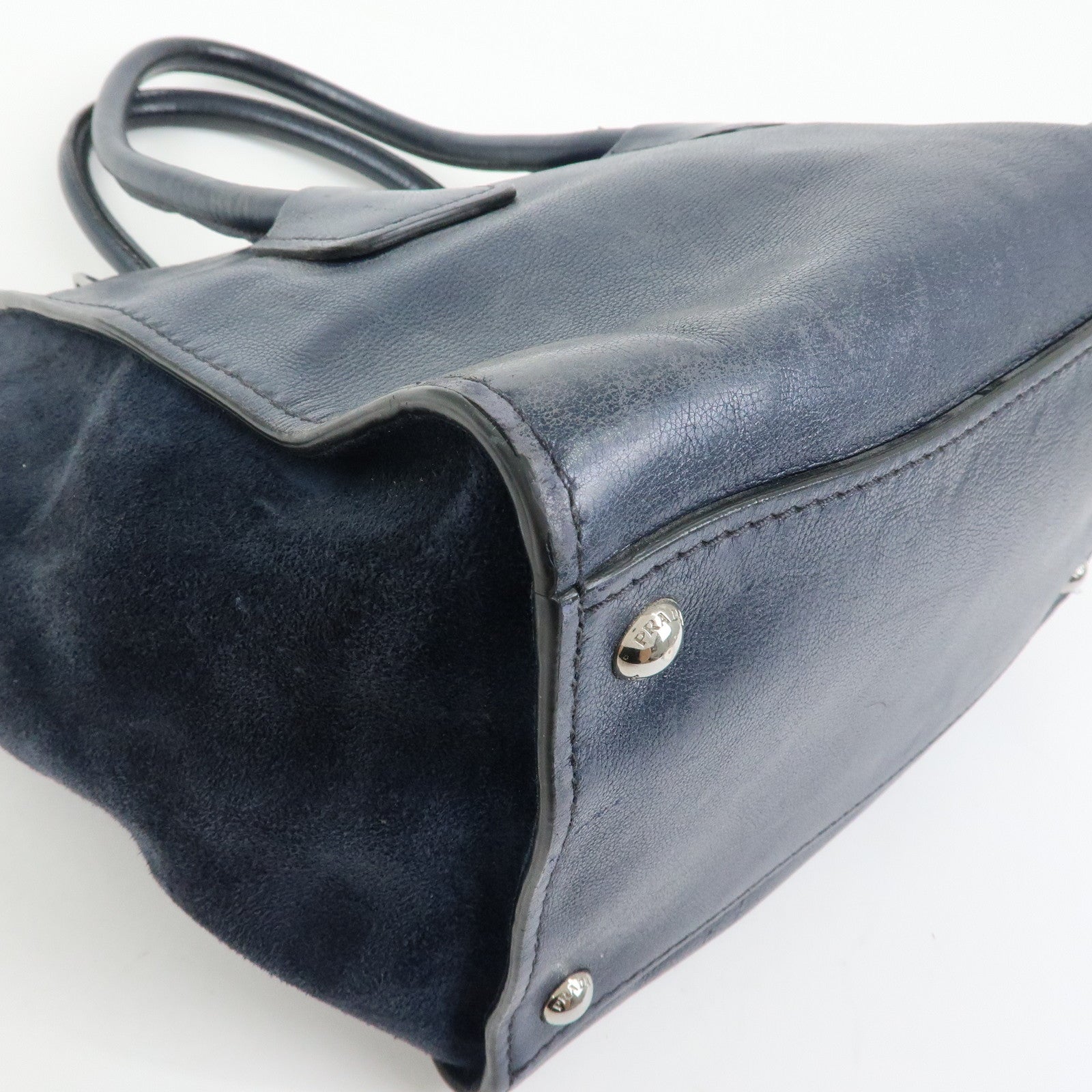 PRADA Triangle Logo Leather 2Way Bag Tote Bag Hand Bag Navy B2625M