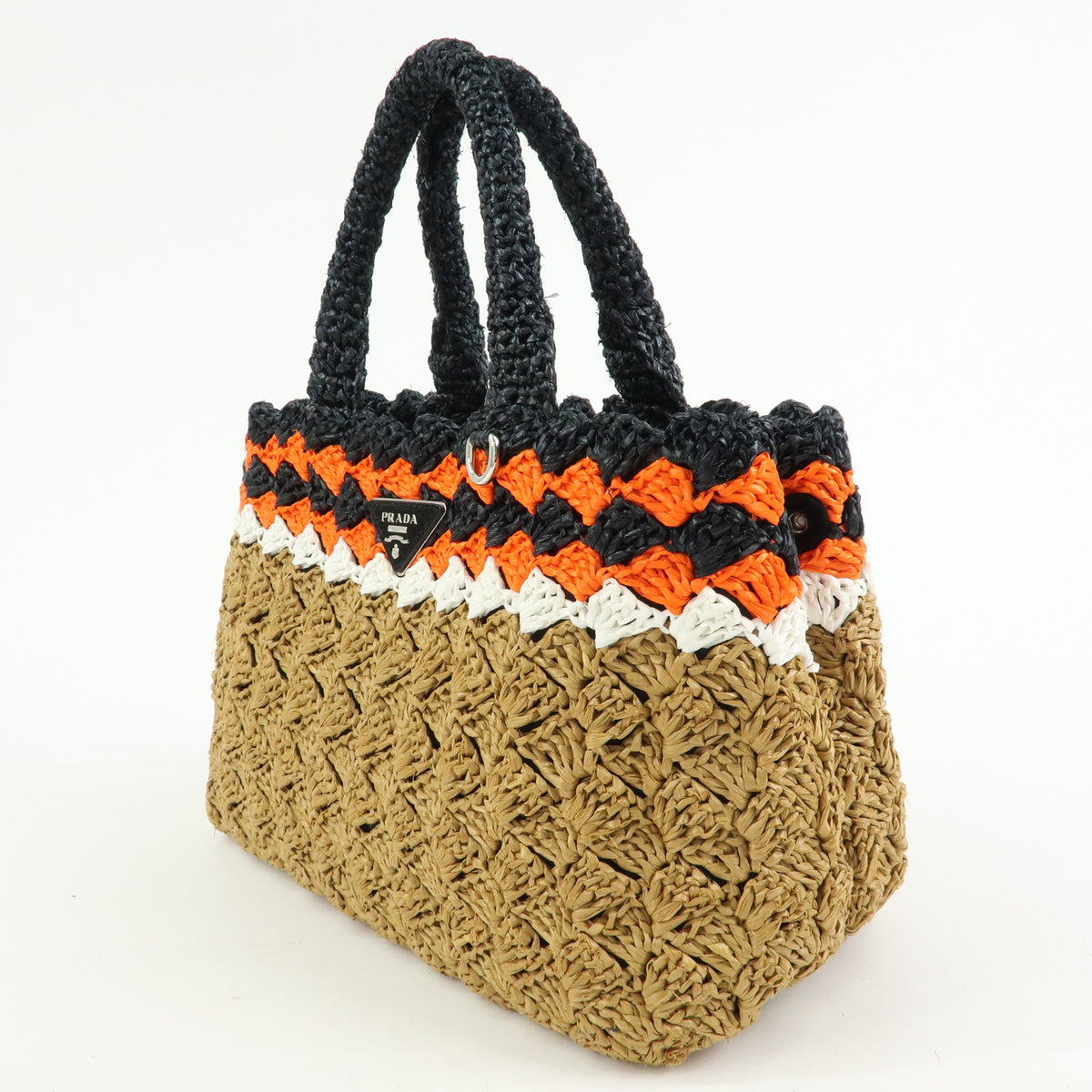 PRADA Triangle Logo Raffia 2Way Bag Tote Bag Beige Orange Black 1BG889