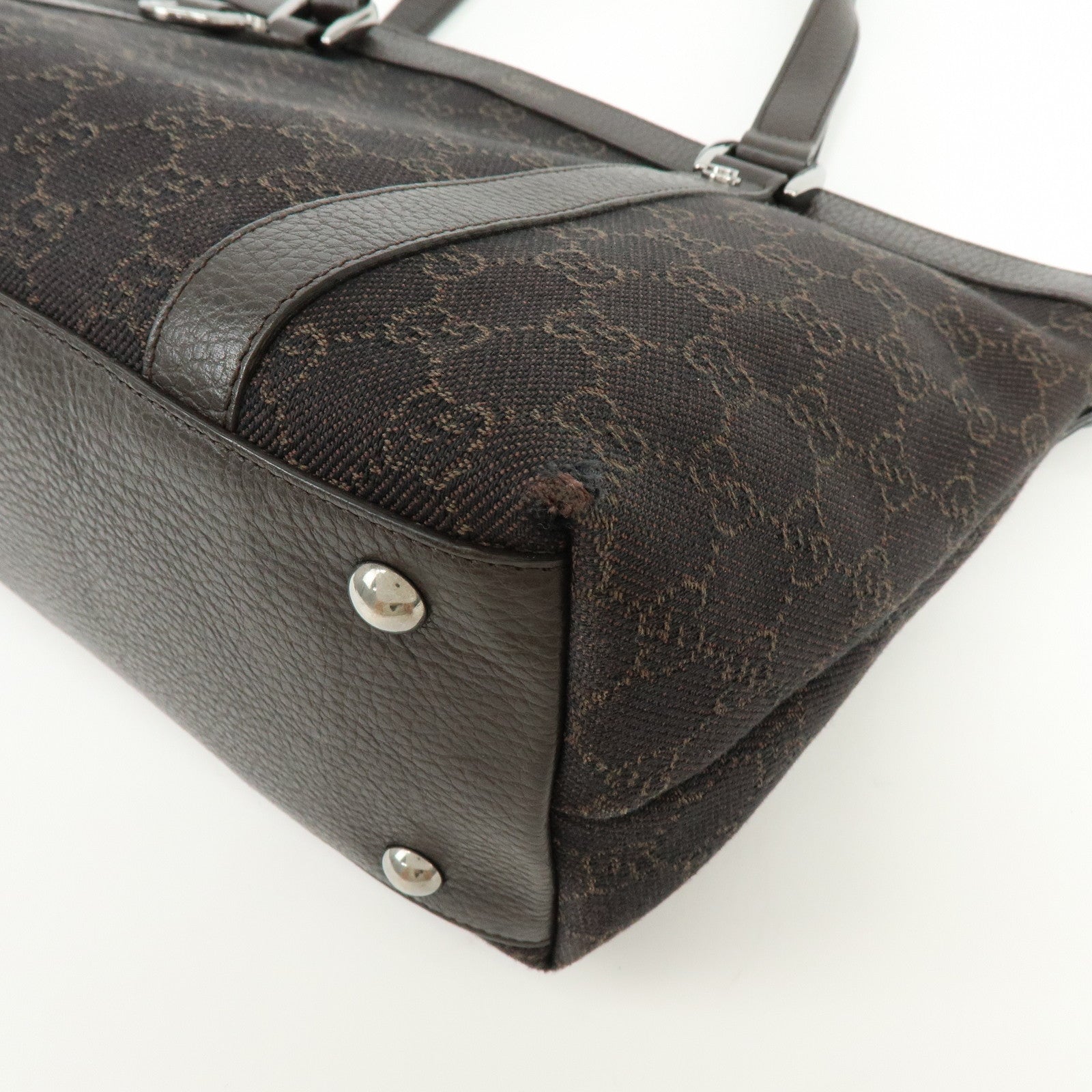 GUCCI Abbey GG Denim Leather Tote Bag Hand Bag Dark Brown 268640