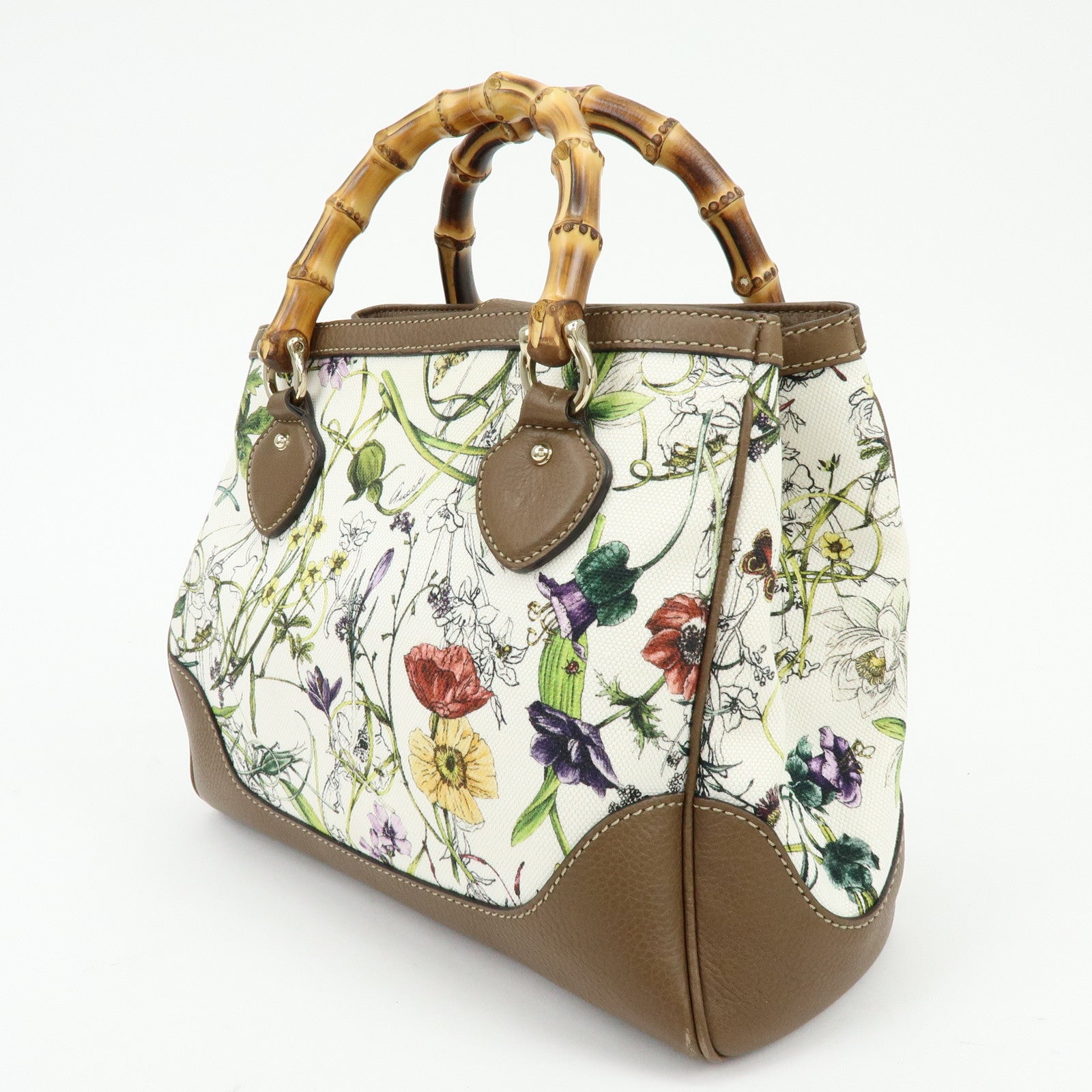 GUCCI Bamboo Canvas Leather 2Way Hand Bag Flower Print Brown 308360