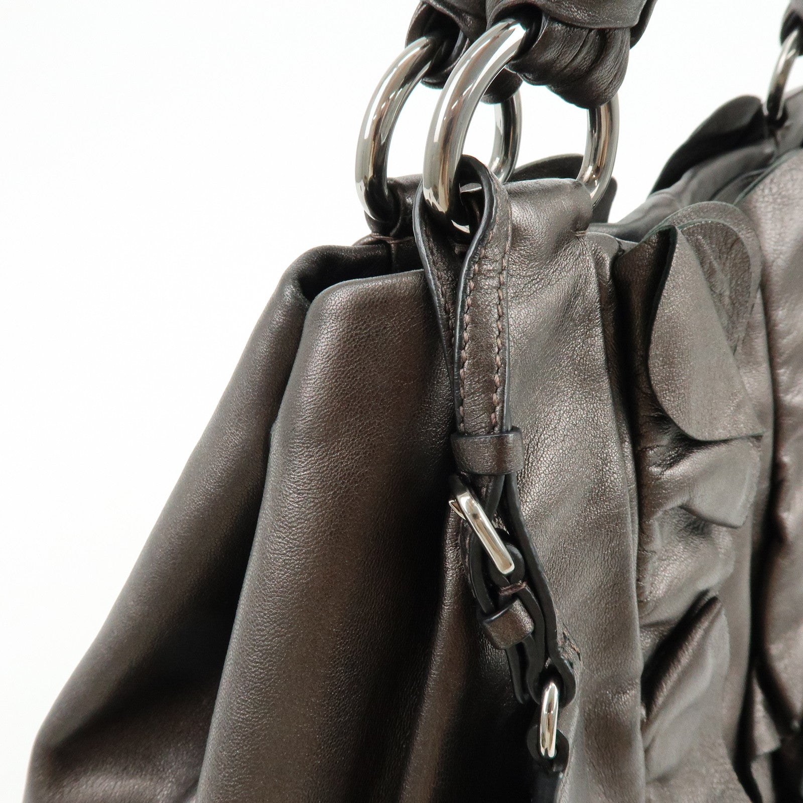 PRADA Gathered Nappa Leather Tote Bag Hand Bag Brown