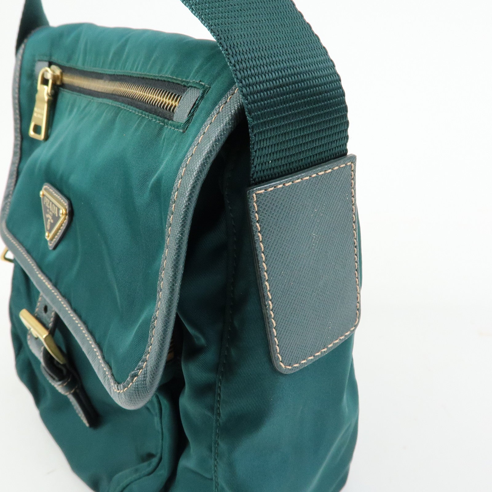 PRADA Triangle Logo Nylon Saffiano Leather Shoulder Bag Green