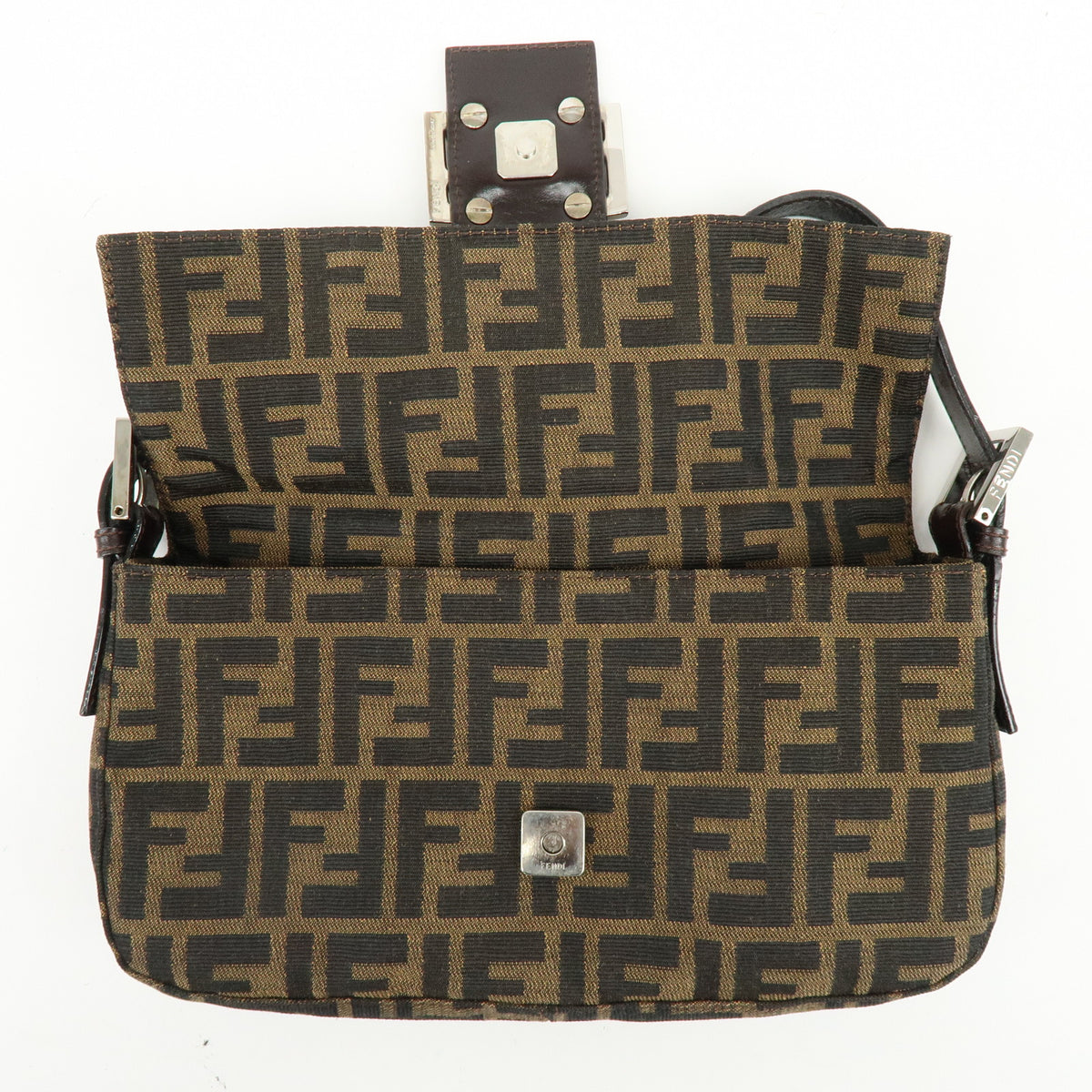 FENDI Mamma Baguette Zucca Canvas Leather Shoulder Bag Brown 26424