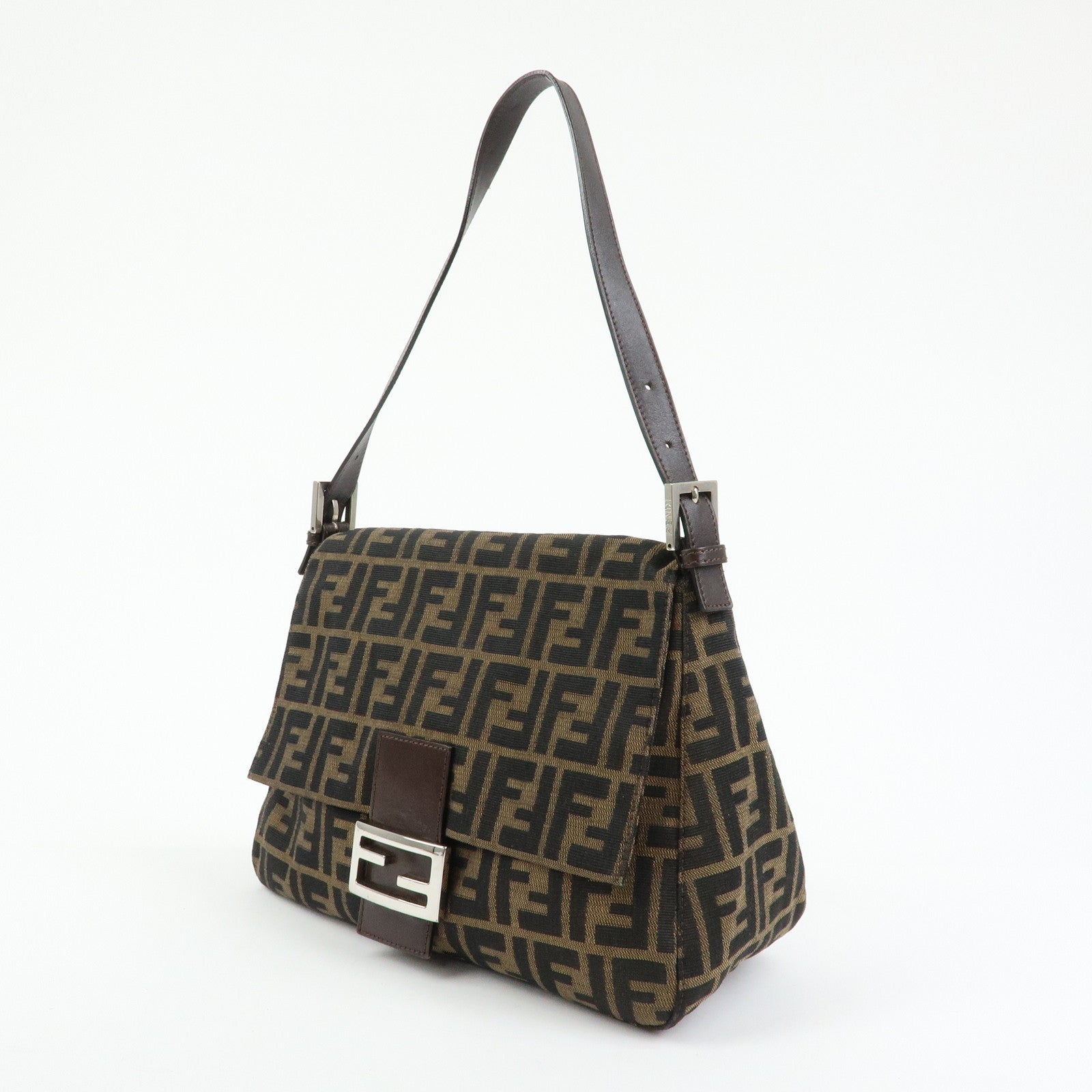 FENDI Mamma Baguette Zucca Canvas Leather Shoulder Bag Brown 26325