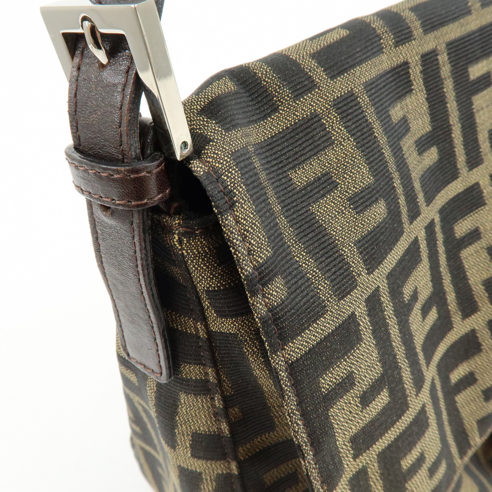 FENDI Mamma Baguette Jacquard Canvas Leather Shoulder Bag Brown 26325